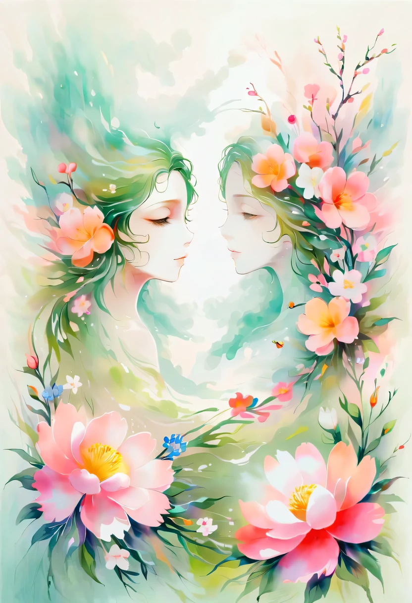This watercolor flower painting presents an elegant and fresh visual effect。Wild flowers and peach blossoms intertwined in the fields，Forming the perfect combination of nature and romance。The screen is dominated by a white background，Highlight isolated watercolor flower。Splash technology recreates wet conditions，The atmosphere seems vague and dreamy。Unique composition and abstract expression add to the artistic feel of the picture，Contains elements of surrealism。The overall color tone is mainly light tones，Pale pink and green complement each other，Show high-resolution details。The splash-ink effect adds a touch of agility to the picture，The light color gives the flowers a deep and restrained beauty.。