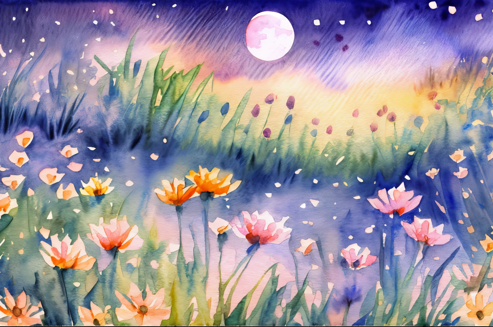 (water color art: 1.5) Watercolor Artwork, a picture of a flower meadow at night, stars above, moon light, lightly clouded, moon rays caressing the flowers, light particles, high details, best quality, 16k, RAW, [best detailed], masterpiece, best quality, High Detail, Ultra High Quality, High Resolution, 16K Resolution, Ultra HD Pictures,  Realistic, Clear Details, Realistic Detail, Ultra High Definition