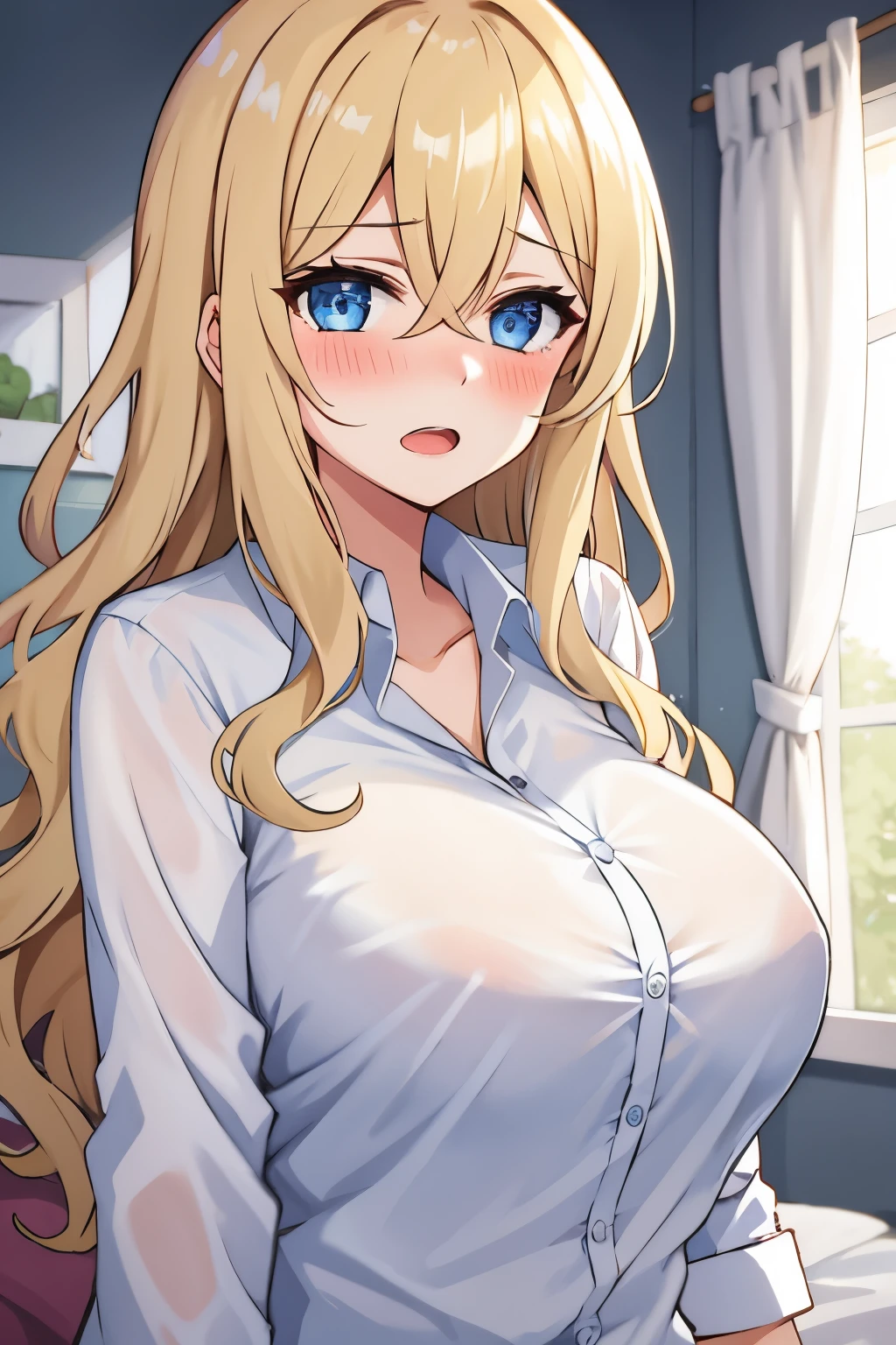 one girl, long wavy hair, blonde hair, blue eyes,big breasts,hair between eyes,surpised, open mouth, big blush, white shirt, bedroom