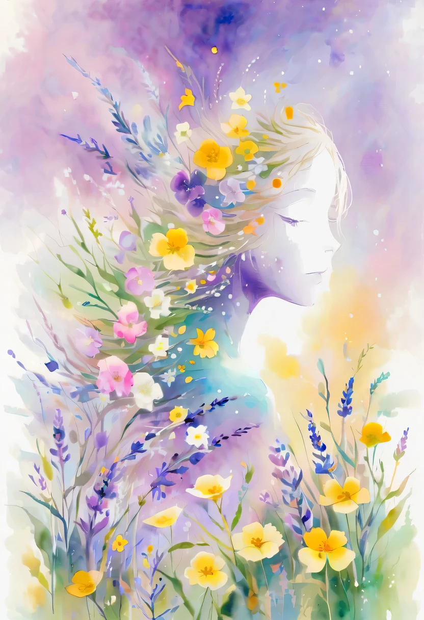 This watercolor flower painting presents an elegant and fresh visual effect。Wildflower and lavender fields，Forming the perfect combination of nature and romance。The screen is dominated by a white background，Highlight isolated watercolor flower。Splash technology recreates wet conditions，The atmosphere seems vague and dreamy。Unique composition and abstract expression add to the artistic feel of the picture，Contains elements of surrealism。The overall color tone is mainly light tones，Lilac and green complement each other beautifully，Show high-resolution details。The splash-ink effect adds a touch of agility to the picture，The light color gives the flowers a deep and restrained beauty.。