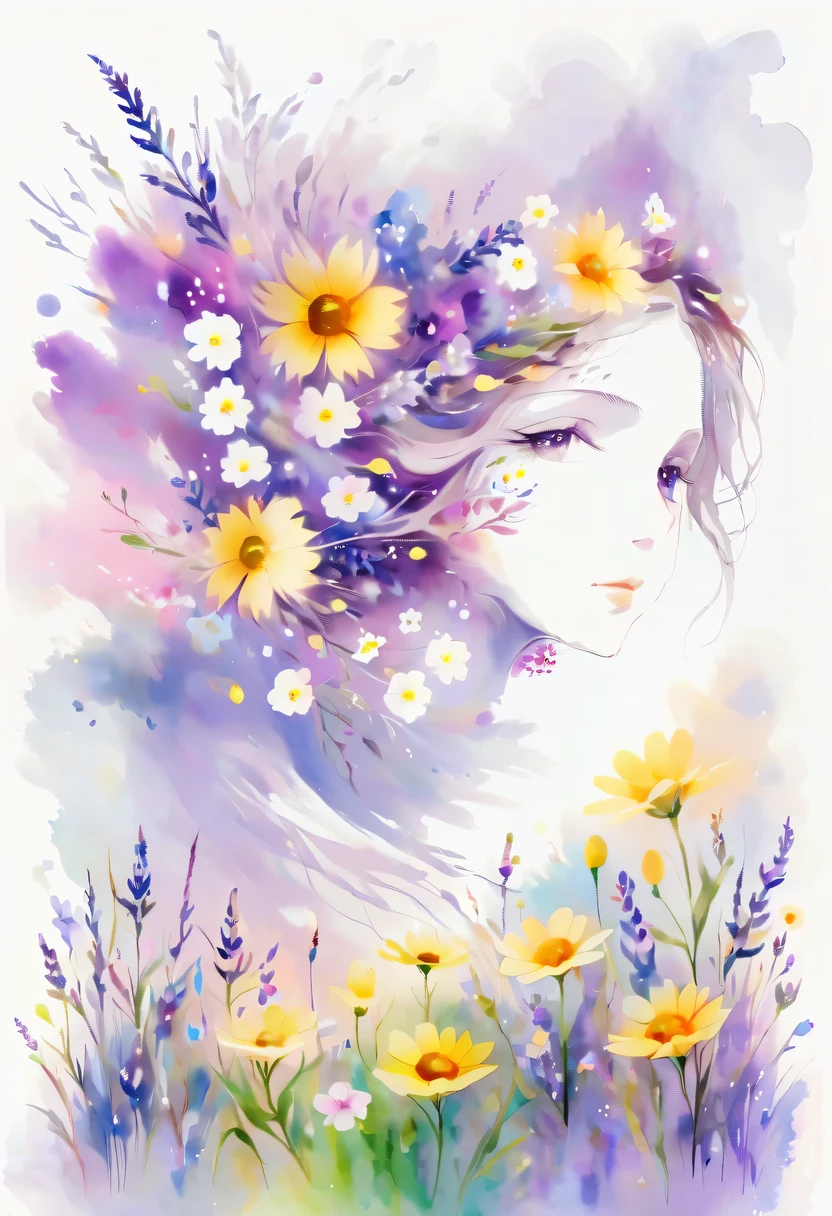 This watercolor flower painting presents an elegant and fresh visual effect。Wildflower and lavender fields,Forming the perfect combination of nature and romance。The screen is dominated by a white background,Highlight isolated watercolor flower。Splash technology recreates wet conditions,The atmosphere seems vague and dreamy。Unique composition and abstract expression add to the artistic feel of the picture,Contains elements of surrealism。The overall color tone is mainly light tones,Lilac and green complement each other beautifully,Show high-resolution details。The splash-ink effect adds a touch of agility to the picture,The light color gives the flowers a deep and restrained beauty.。