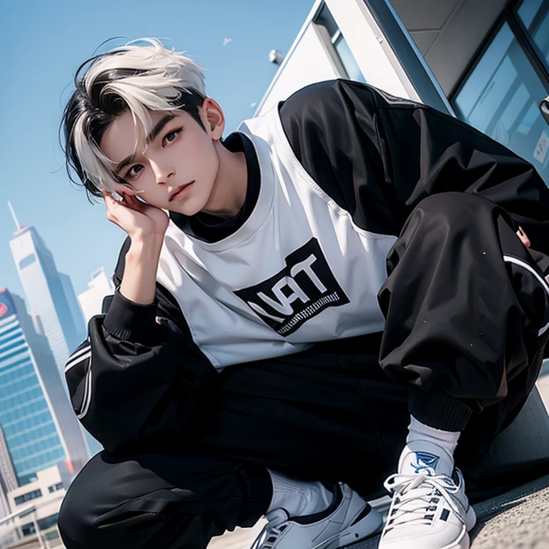 1 Korean young man，male，20 years old，High，Height 180 cm，Hair is medium length，Black sweatshirt，Black cargo pants，White high top sneakers，White sport socks，Badass anime 4k ，POV perspective，Proud，Cold，looking into camera，