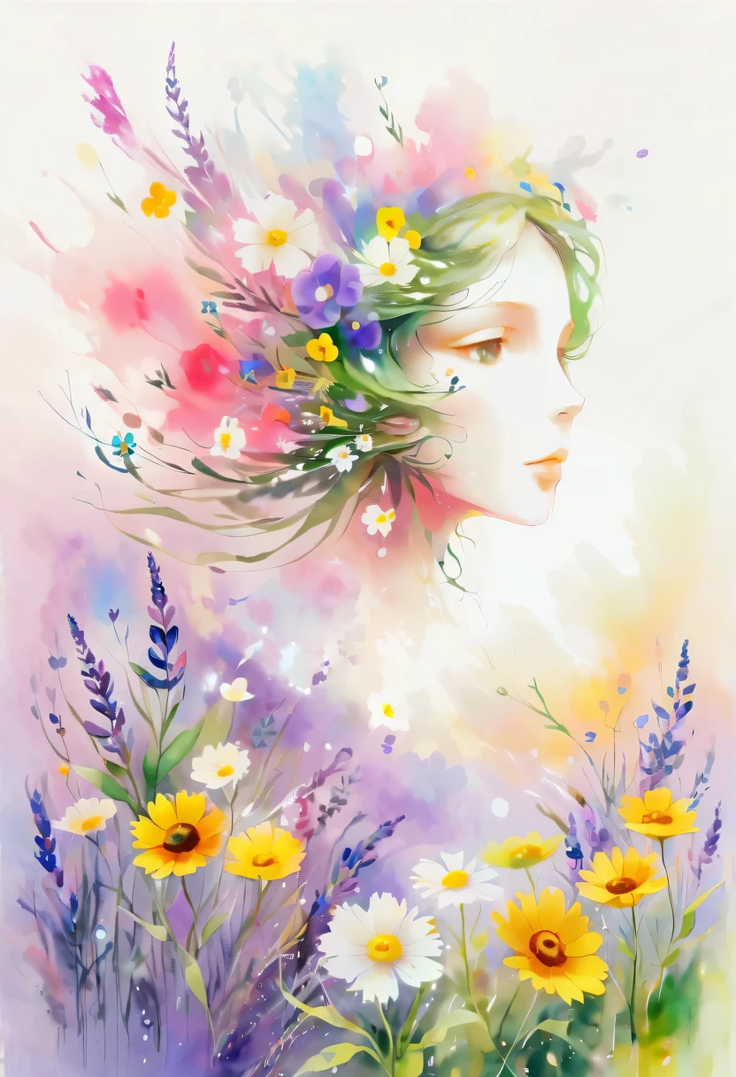 This watercolor flower painting presents an elegant and fresh visual effect。Wildflower and lavender fields,Forming the perfect combination of nature and romance。The screen is dominated by a white background,Highlight isolated watercolor flower。Splash technology recreates wet conditions,The atmosphere seems vague and dreamy。Unique composition and abstract expression add to the artistic feel of the picture,Contains elements of surrealism。The overall color tone is mainly light tones,Lilac and green complement each other beautifully,Show high-resolution details。The splash-ink effect adds a touch of agility to the picture,The light color gives the flowers a deep and restrained beauty.。