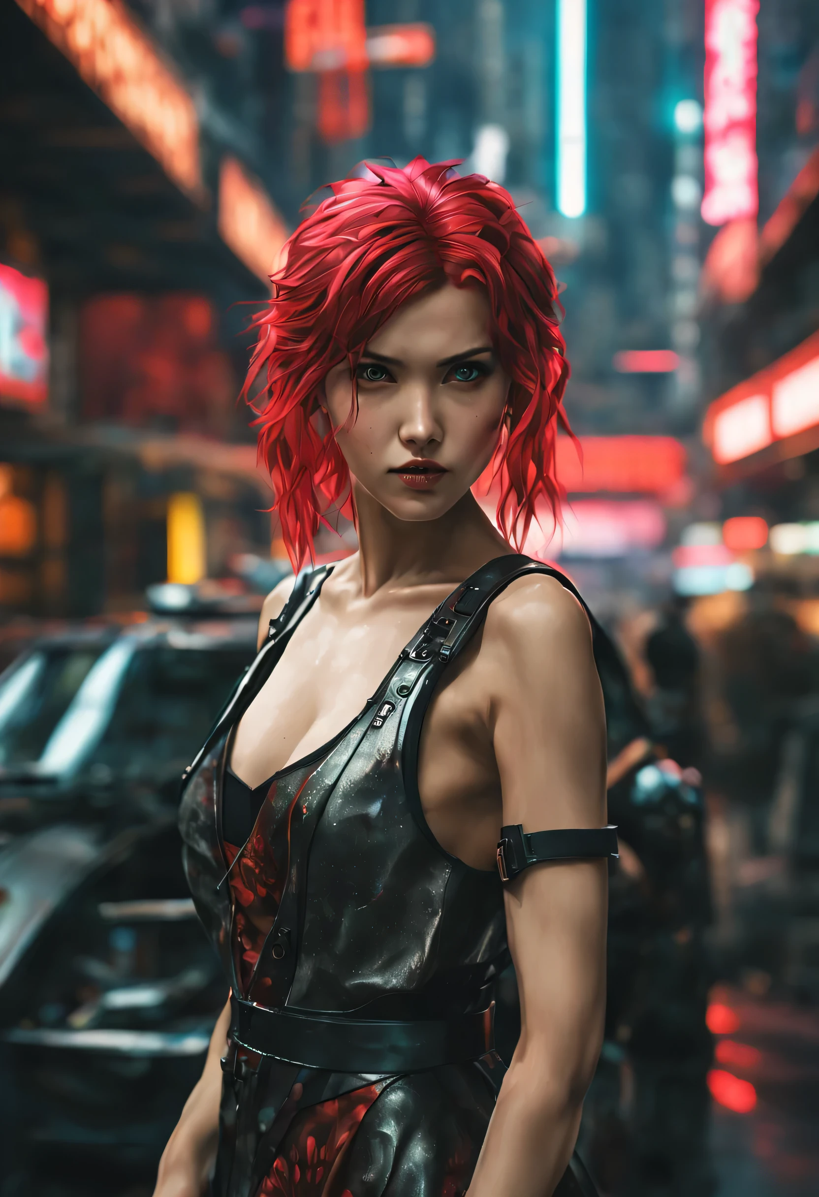 Highway in the city of the future, along which cybercars drive, Cinematic, masterpiece, beautifully detailed, futuristic woman, Ghost in the Shell, Holding a gun, shooting neon projectiles, neon colors, neon hair, short hair, neon outfit, cyberpunk, neon signs, Neon futuristic city, machine parts, Dark rainy day, (full body shot:1.6), (masterpiece, photorealistic, photorealism, Best quality, ultra detailed:1.3), (good hands, perfect hands), Official art, Cinematic light, (1 girl:1.3), adult, (((Amazing crimson flowers))), cyberpunk, cyber space, Digital Age, acrylic painting by Akihiko Yoshida, complex detailed, Super detailed, Cinematic lighting, soft shadow, (((main colors Black and Silver)))