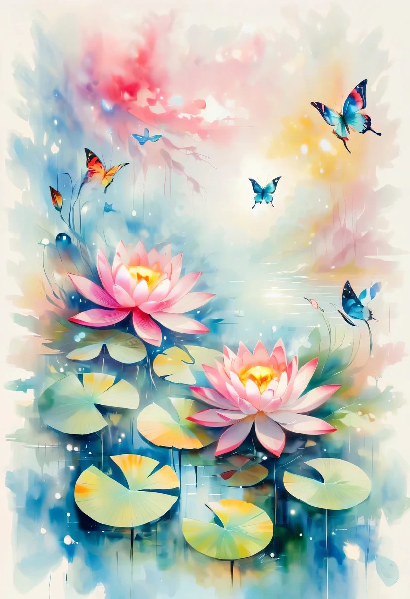 This abstract watercolor flower painting offers a light and refreshing visual effect。Lotus flowers and butterflies intertwined in the lake，Forming the perfect combination of nature and romance。The screen is dominated by a white background，Highlight isolated watercolor flower。Splash technology recreates wet conditions，The atmosphere seems vague and dreamy。Unique composition and abstract expression add to the artistic feel of the picture，Contains elements of surrealism。The overall color tone is mainly light tones，Red and gold complement each other，Show high-resolution details。The splash-ink effect adds a touch of agility to the picture，The light color gives the flowers a deep and restrained beauty.