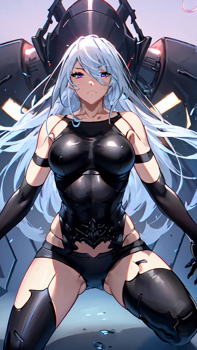 (masterpiece), best quality, expressive
eyes, perfect face,anime,HD,8K,3D,A girl
wearing a cybernetic,exoskeleton
One robotic arm,black bulletproof
vest,android,cyborg,black holster,black
utility Belt,black cape,Black Tactical Skirt
with pantyhose,braid black and blue,one
eye blindfold,