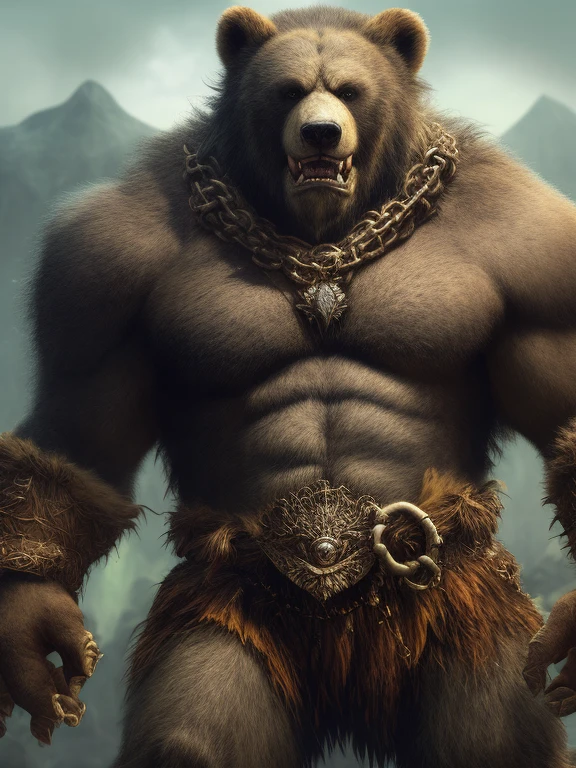 a close up of a bear with chains on his chest, muscular werewolf, fur-clad barbarian goliath, from warcraft, in style of wold of warcraft, giant bear human hybrid, 4k fantasy art, from world of warcraft, berserker potrait, as an ugly titan, epic fantasy art style, as a titan, epic fantasy art style hd, 8k fantasy art