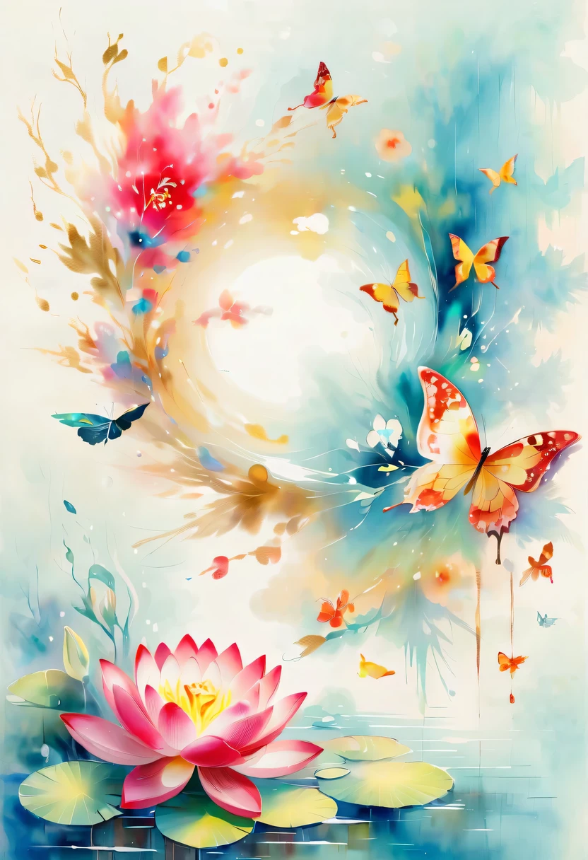 This abstract watercolor flower painting offers a light and refreshing visual effect。Lotus flowers and butterflies intertwined in the lake,Forming the perfect combination of nature and romance。The screen is dominated by a white background,Highlight isolated watercolor flower。Splash technology recreates wet conditions,The atmosphere seems vague and dreamy。Unique composition and abstract expression add to the artistic feel of the picture,Contains elements of surrealism。The overall color tone is mainly light tones,Red and gold complement each other,Show high-resolution details。The splash-ink effect adds a touch of agility to the picture,The light color gives the flowers a deep and restrained beauty.
