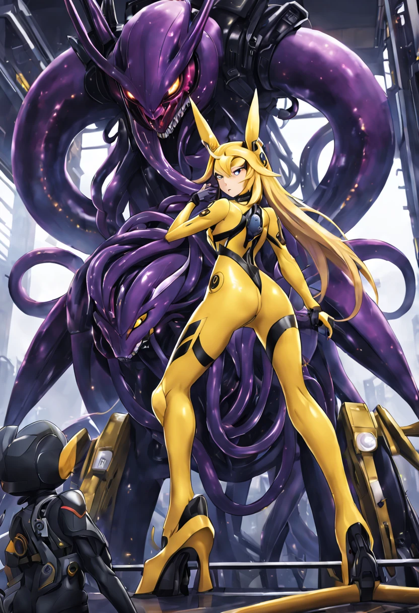 NSFW，Pilot and giant battle mecha，The pilot is inside a giant battle mech.，Pilot details(Height: 160cm，The pilot is in front of a giant battle mech.，The pilot wears a Renamon-type full body suit.，He hides his face with a Renamon-type full face.，Riding in a tentacle-shaped cockpit，Pussy is connected to tentacles，Renamon type full body suit is sticky and glossy with mucus.，evil depravity，symbiote)，Details of the giant battle mecha(Looks like a fusion of Renamon and Evangelion，symbiote，evil depravity，About 10 meters tall，standing behind the pilot)