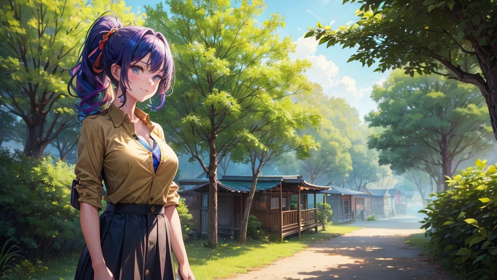 1girl, solo, village, trees, ((colorful hair)), curly hair, ponytail, large breasts, button down shirt, ((brown green shirt)), ((unbuttoned shirt)), ((short sleeved shirt)), blue eyes, skirt, sandals, smile, looking at the viewer, ((standing)), hair ribbon