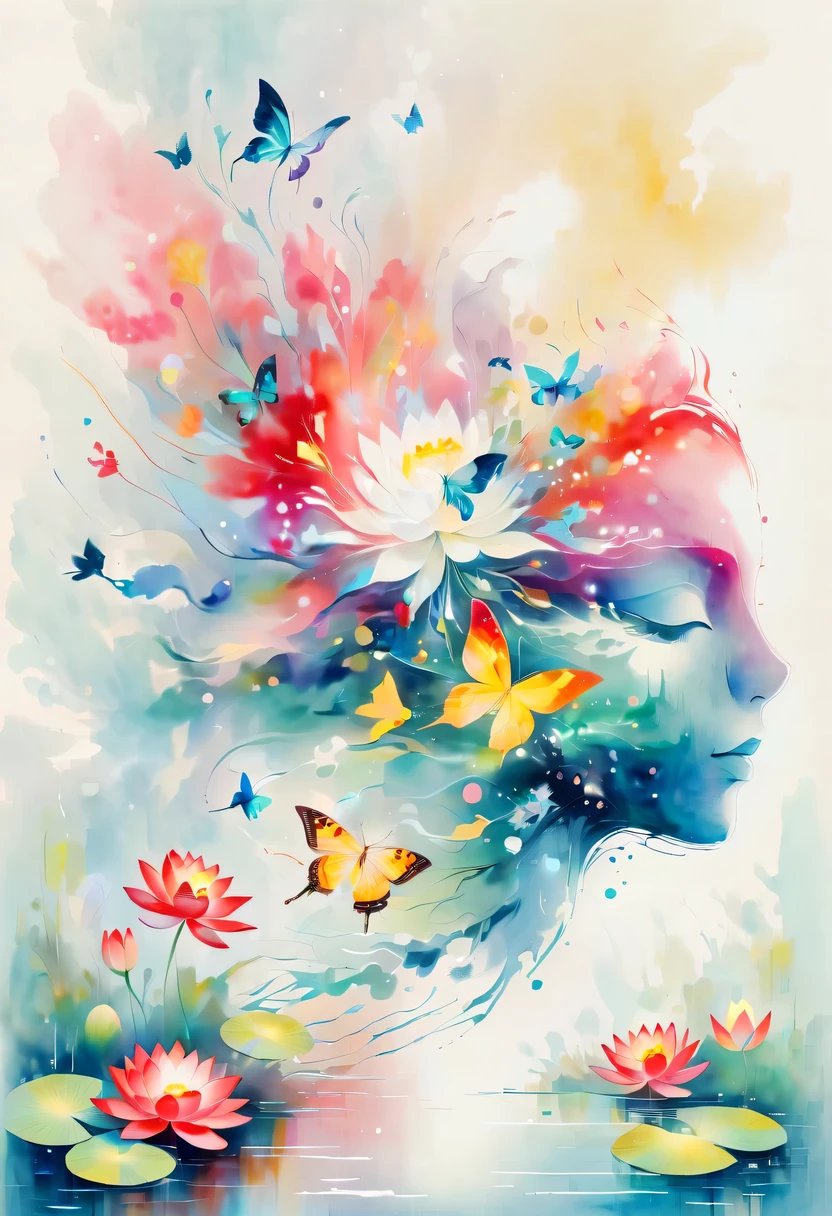 This abstract watercolor flower painting offers a light and refreshing visual effect。Lotus flowers and butterflies intertwined in the lake，Forming the perfect combination of nature and romance。The screen is dominated by a white background，Highlight isolated watercolor flower。Splash technology recreates wet conditions，The atmosphere seems vague and dreamy。Unique composition and abstract expression add to the artistic feel of the picture，Contains elements of surrealism。The overall color tone is mainly light tones，Red and gold complement each other，Show high-resolution details。The splash-ink effect adds a touch of agility to the picture，The light color gives the flowers a deep and restrained beauty.
