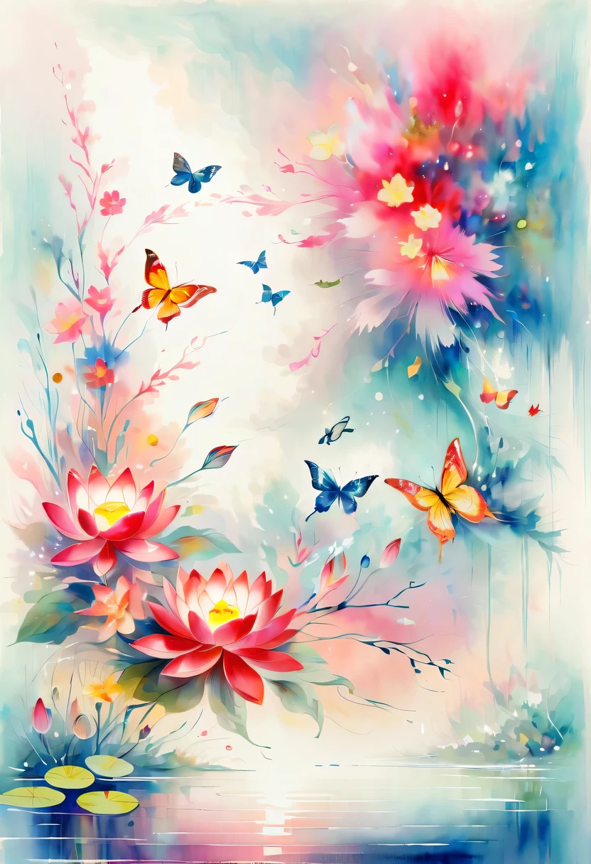This abstract watercolor flower painting offers a light and refreshing visual effect。Lotus flowers and butterflies intertwined in the lake,Forming the perfect combination of nature and romance。The screen is dominated by a white background,Highlight isolated watercolor flower。Splash technology recreates wet conditions,The atmosphere seems vague and dreamy。Unique composition and abstract expression add to the artistic feel of the picture,Contains elements of surrealism。The overall color tone is mainly light tones,Red and gold complement each other,Show high-resolution details。The splash-ink effect adds a touch of agility to the picture,The light color gives the flowers a deep and restrained beauty.