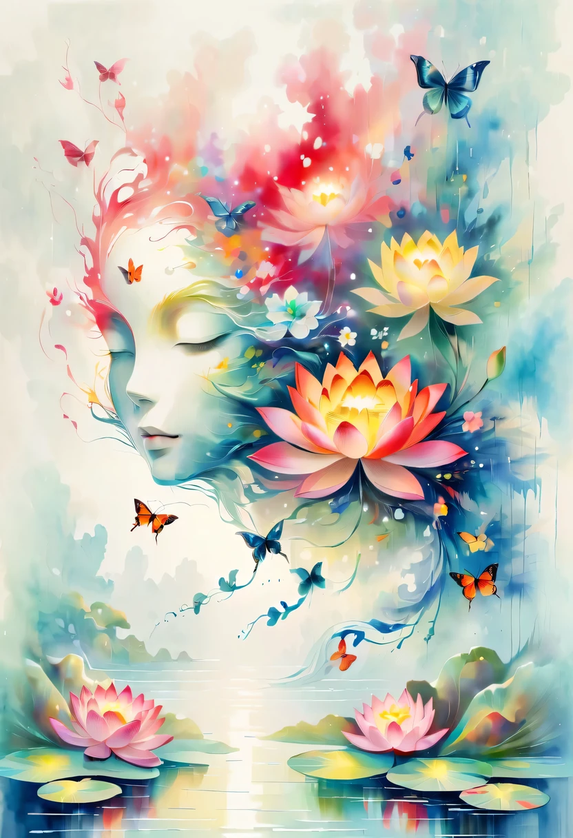 This abstract watercolor flower painting offers a light and refreshing visual effect。Lotus flowers and butterflies intertwined in the lake，Forming the perfect combination of nature and romance。The screen is dominated by a white background，Highlight isolated watercolor flower。Splash technology recreates wet conditions，The atmosphere seems vague and dreamy。Unique composition and abstract expression add to the artistic feel of the picture，Contains elements of surrealism。The overall color tone is mainly light tones，Red and gold complement each other，Show high-resolution details。The splash-ink effect adds a touch of agility to the picture，The light color gives the flowers a deep and restrained beauty.
