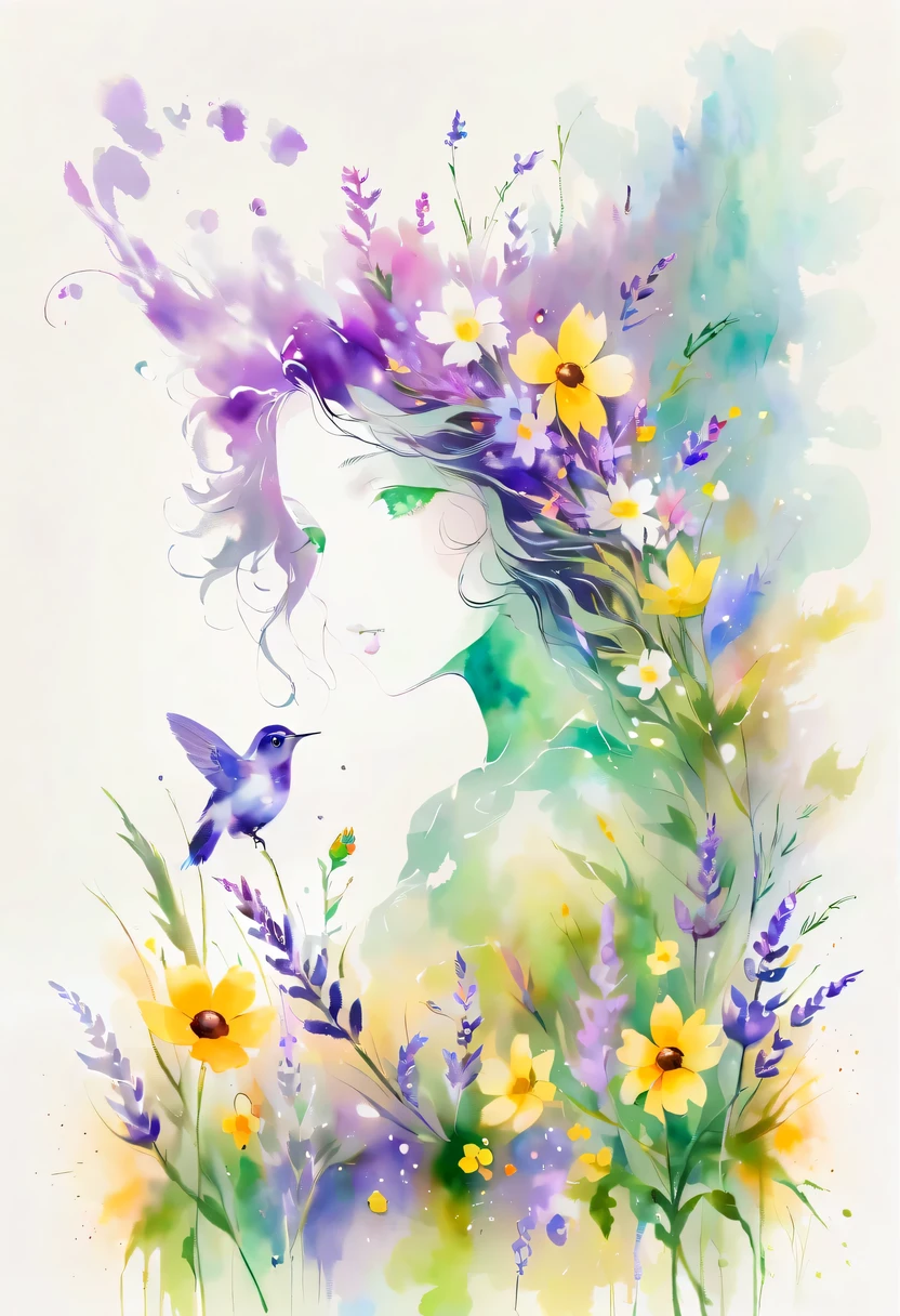 This watercolor flower painting presents an elegant and fresh visual effect。Wildflower and lavender fields，Forming the perfect combination of nature and romance。The screen is dominated by a white background，Highlight isolated watercolor flower。Splash technology recreates wet conditions，The atmosphere seems vague and dreamy。Unique composition and abstract expression add to the artistic feel of the picture，Contains elements of surrealism。The overall color tone is mainly light tones，Lilac and green complement each other beautifully，Show high-resolution details。The splash-ink effect adds a touch of agility to the picture，The light color gives the flowers a deep and restrained beauty.。