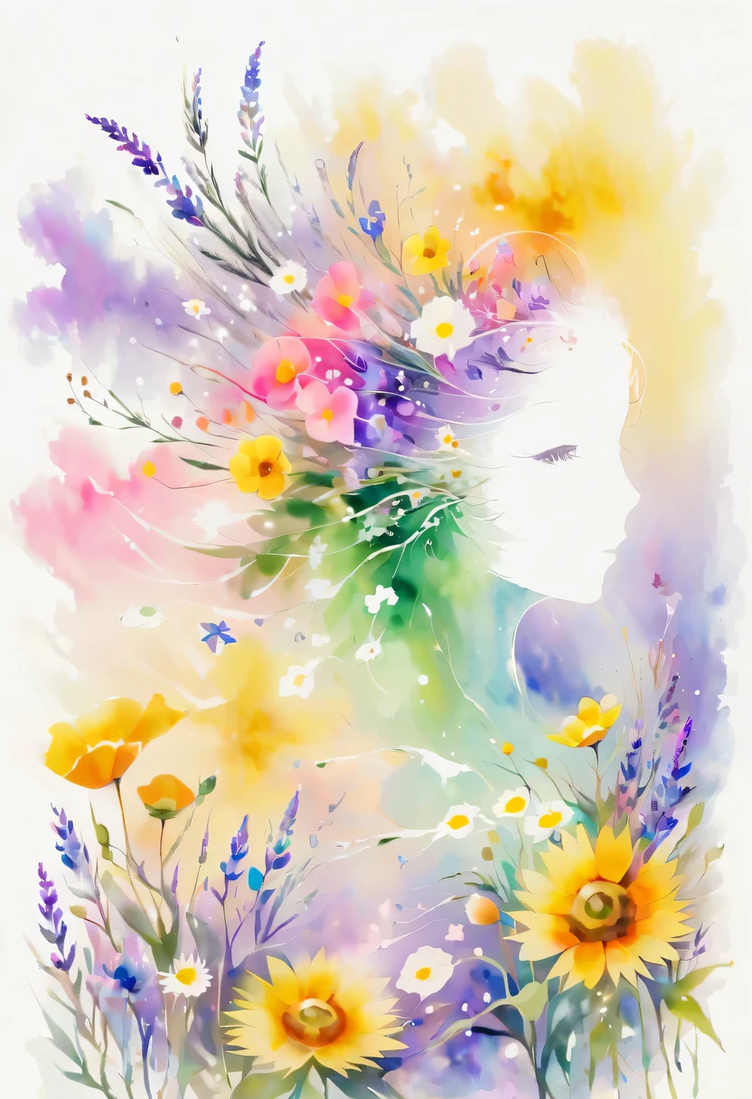 This watercolor flower painting presents an elegant and fresh visual effect。Wildflower and lavender fields，Forming the perfect combination of nature and romance。The screen is dominated by a white background，Highlight isolated watercolor flower。Splash technology recreates wet conditions，The atmosphere seems vague and dreamy。Unique composition and abstract expression add to the artistic feel of the picture，Contains elements of surrealism。The overall color tone is mainly light tones，Lilac and green complement each other beautifully，Show high-resolution details。The splash-ink effect adds a touch of agility to the picture，The light color gives the flowers a deep and restrained beauty.。