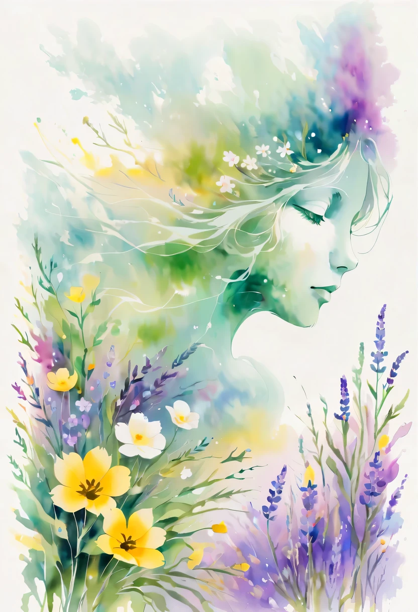 This watercolor flower painting presents an elegant and fresh visual effect。Wildflower and lavender fields，Forming the perfect combination of nature and romance。The screen is dominated by a white background，Highlight isolated watercolor flower。Splash technology recreates wet conditions，The atmosphere seems vague and dreamy。Unique composition and abstract expression add to the artistic feel of the picture，Contains elements of surrealism。The overall color tone is mainly light tones，Lilac and green complement each other beautifully，Show high-resolution details。The splash-ink effect adds a touch of agility to the picture，The light color gives the flowers a deep and restrained beauty.。