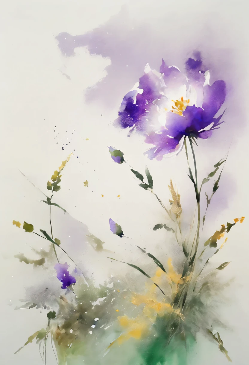 This watercolor flower painting presents an elegant and fresh visual effect。Wildflower and lavender fields，Forming the perfect combination of nature and romance。The screen is dominated by a white background，Highlight isolated watercolor flower。Splash technology recreates wet conditions，The atmosphere seems vague and dreamy。Unique composition and abstract expression add to the artistic feel of the picture，Contains elements of surrealism。The overall color tone is mainly light tones，Lilac and green complement each other beautifully，Show high-resolution details。The splash-ink effect adds a touch of agility to the picture，The light color gives the flowers a deep and restrained beauty..。