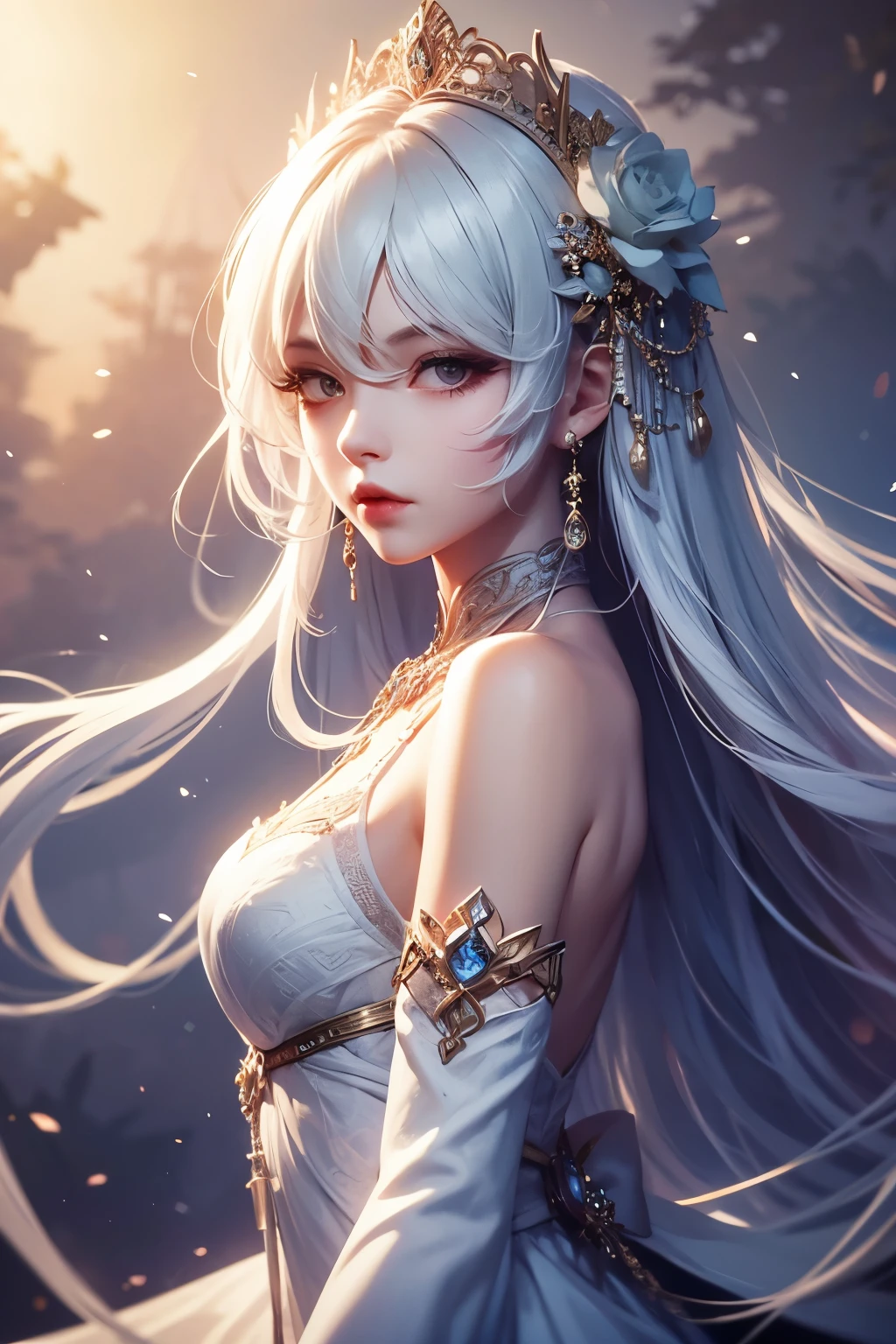 ((alone、A woman wearing a long halter dress、Elegant woman posing:1.4、Detailed face、Bright expression、Younger, brighter, whiter skin、Best Looks、The ultimate beauty、Silver hair with dazzling highlights、Shiny bright hair,、arranged hairstyle:1.2、髪がWindで踊る、A little bit of sideboob is visible))(night、Wind、nightのロンドン、幻想的なWind景、Particles of light、White Dust、Dust flutters)
