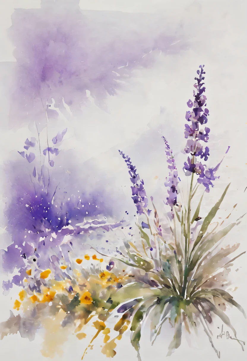 This watercolor flower painting presents an elegant and fresh visual effect。Wildflower and lavender fields，Forming the perfect combination of nature and romance。The screen is dominated by a white background，Highlight isolated watercolor flower。Splash technology recreates wet conditions，The atmosphere seems vague and dreamy。Unique composition and abstract expression add to the artistic feel of the picture，Contains elements of surrealism。The overall color tone is mainly light tones，Lilac and green complement each other beautifully，Show high-resolution details。The splash-ink effect adds a touch of agility to the picture，The light color gives the flowers a deep and restrained beauty..。