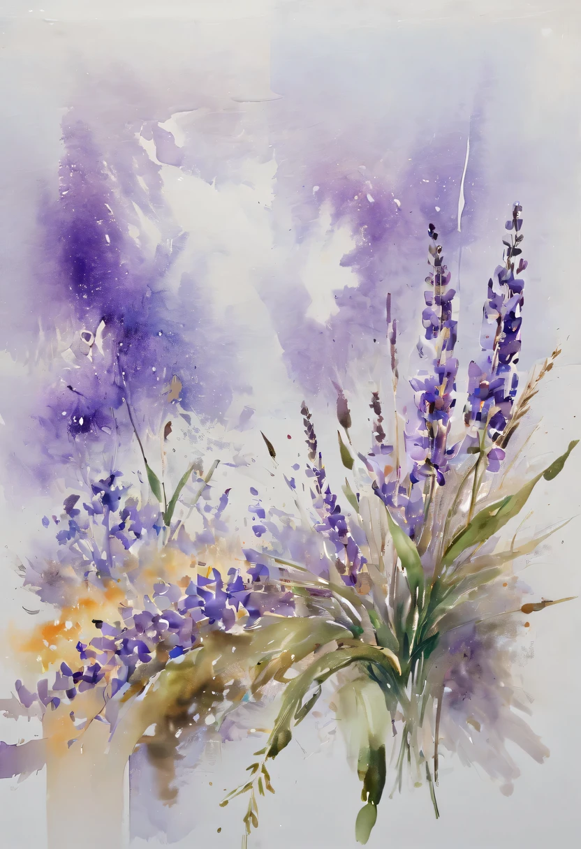 This watercolor flower painting presents an elegant and fresh visual effect。Wildflower and lavender fields,Forming the perfect combination of nature and romance。The screen is dominated by a white background,Highlight isolated watercolor flower。Splash technology recreates wet conditions,The atmosphere seems vague and dreamy。Unique composition and abstract expression add to the artistic feel of the picture,Contains elements of surrealism。The overall color tone is mainly light tones,Lilac and green complement each other beautifully,Show high-resolution details。The splash-ink effect adds a touch of agility to the picture,The light color gives the flowers a deep and restrained beauty..。