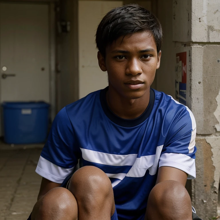 an Indonesian teenage boy with short hair sits on a park bench looking at the camera