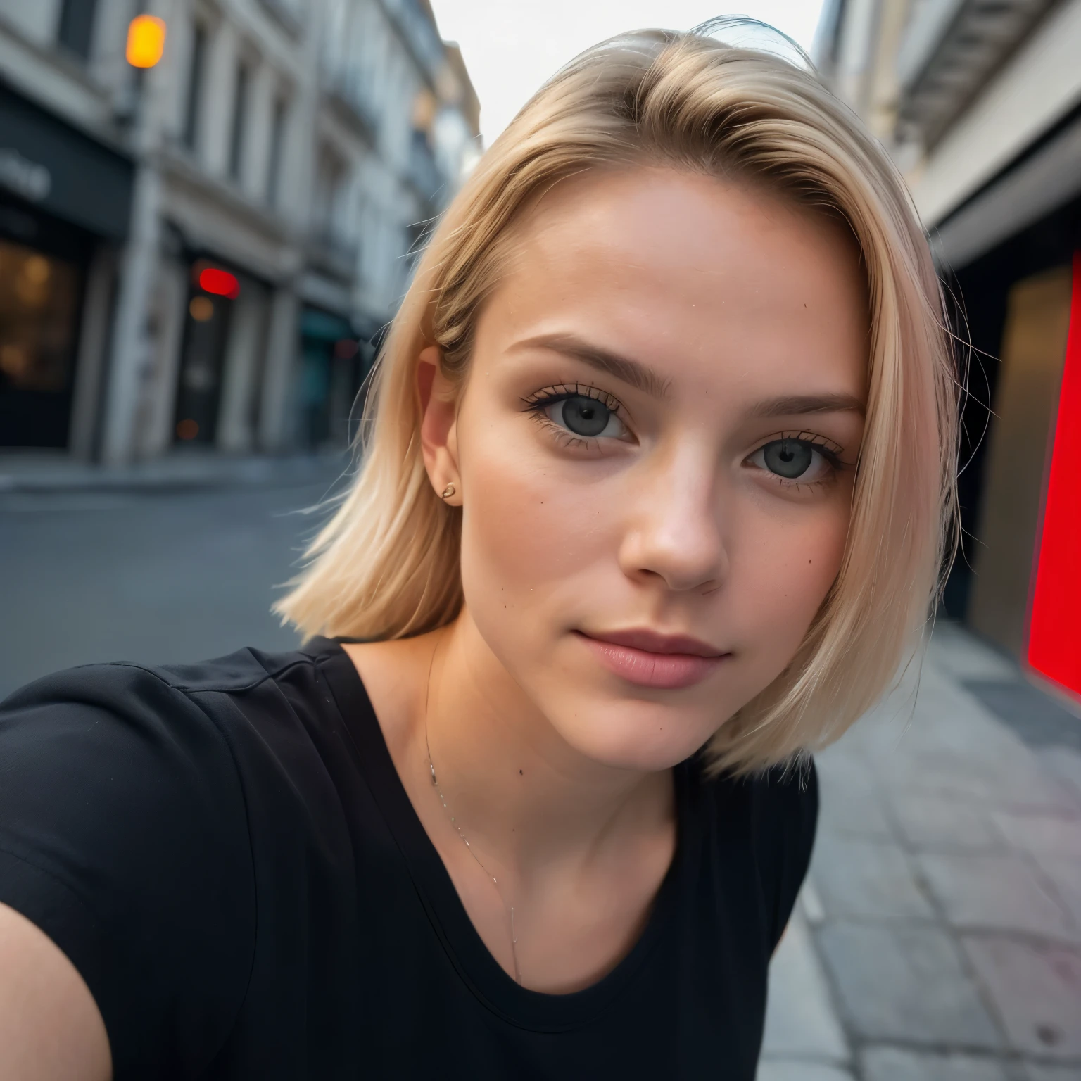 (selfie, Vue de dessus: 1.4), (right half of the body: 1.4), RAW UHD portrait photo of a 24 year old blonde walking down a dark alley, gros seins,, city at nuit, tee-shirt, (encolure), details (textures! , Cheveux! , blanc couleur!! , Disadvantages: 1.1), bright eyes with great details (Looking at the camera), Reflex lighting, Appareil photo reflex, ultra-quality, acuity, profondeur de champ, grain de film (Centre), Fujifilm XT3, clair comme de l'eau de roche, frame Centre, beau visage, Sharpness, lampadaire, Neon lighting, Bokeh (dimly lit), nuit, (nuit sky), detailed skin pores, La peau grasse, Coup de soleil, complex eye details, tout le corps, big tits pierced