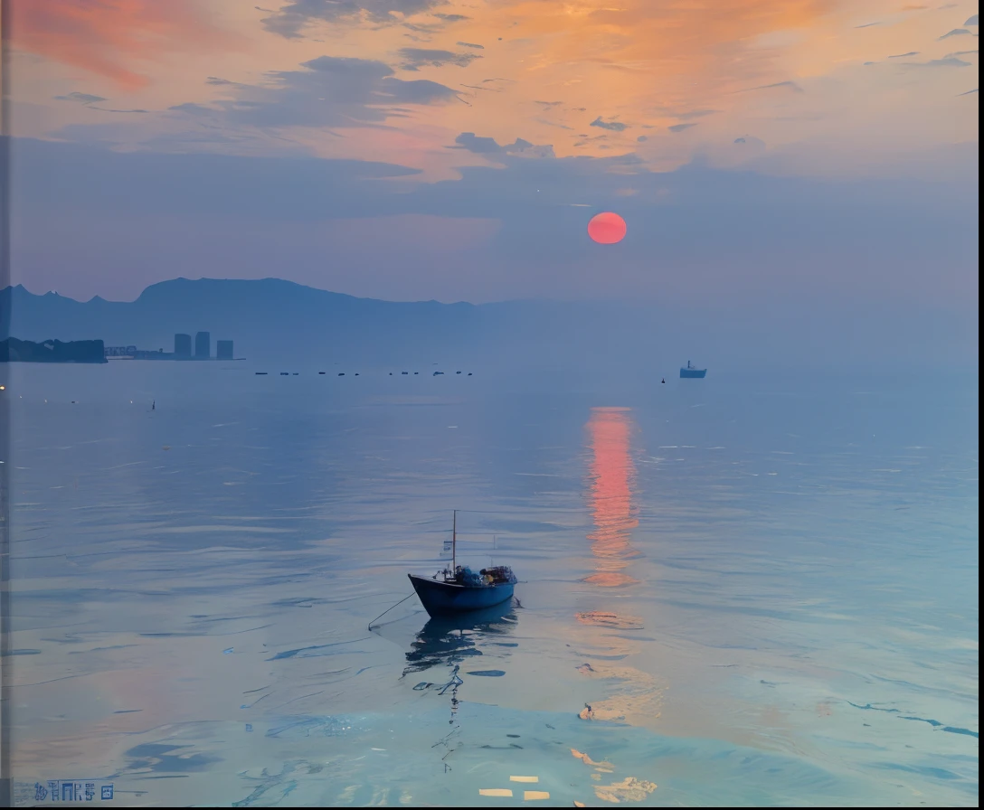 长时间曝光photography，获奖的photography，Realistic，on waters with boats，Sunset, ，stunning lighting, abstract， Claude Monet，abstract，photography，high quality，blue，Orange，Sunset，beautiful scenery，photo，photoRealistic