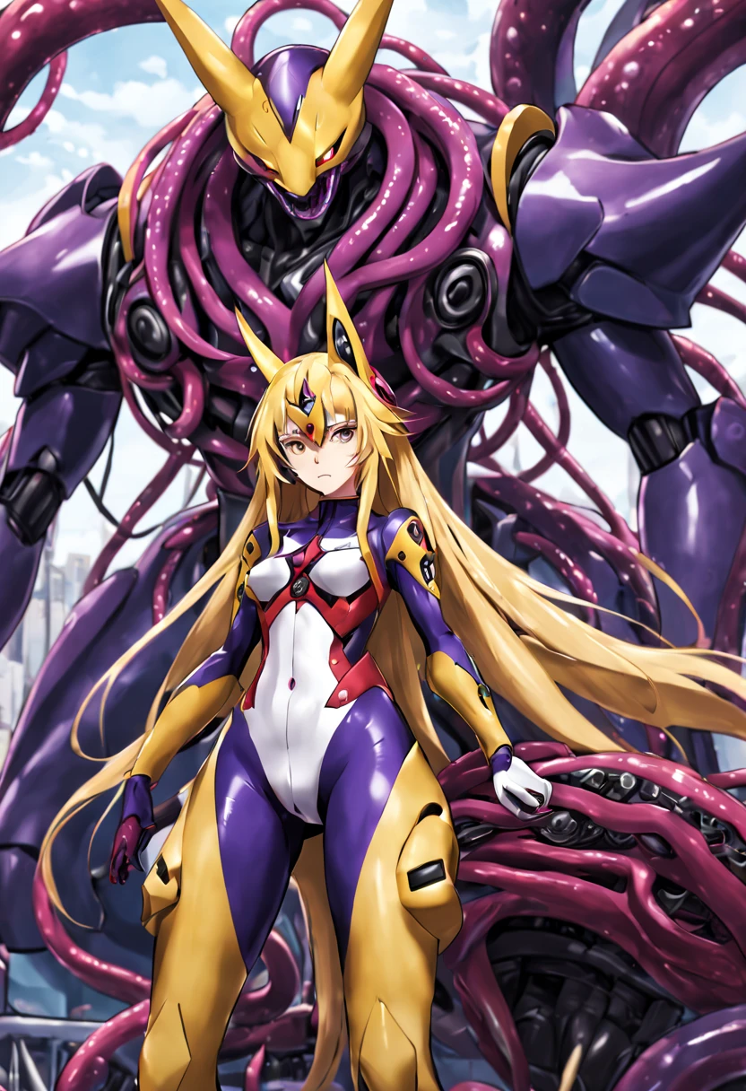 NSFW，Pilot and giant battle mecha，The pilot is inside a giant battle mech.，Pilot details(Height: 160cm，The pilot is in front of a giant battle mech.，The pilot wears a Renamon-type full body suit.，He hides his face with a Renamon-type full face.，Riding in a tentacle-shaped cockpit，Pussy is connected to tentacles，Renamon type full body suit is sticky and glossy with mucus.，evil depravity，symbiote)，Details of the giant battle mecha(Looks like a fusion of Renamon and Evangelion，symbiote，evil depravity，About 10 meters tall，standing behind the pilot)