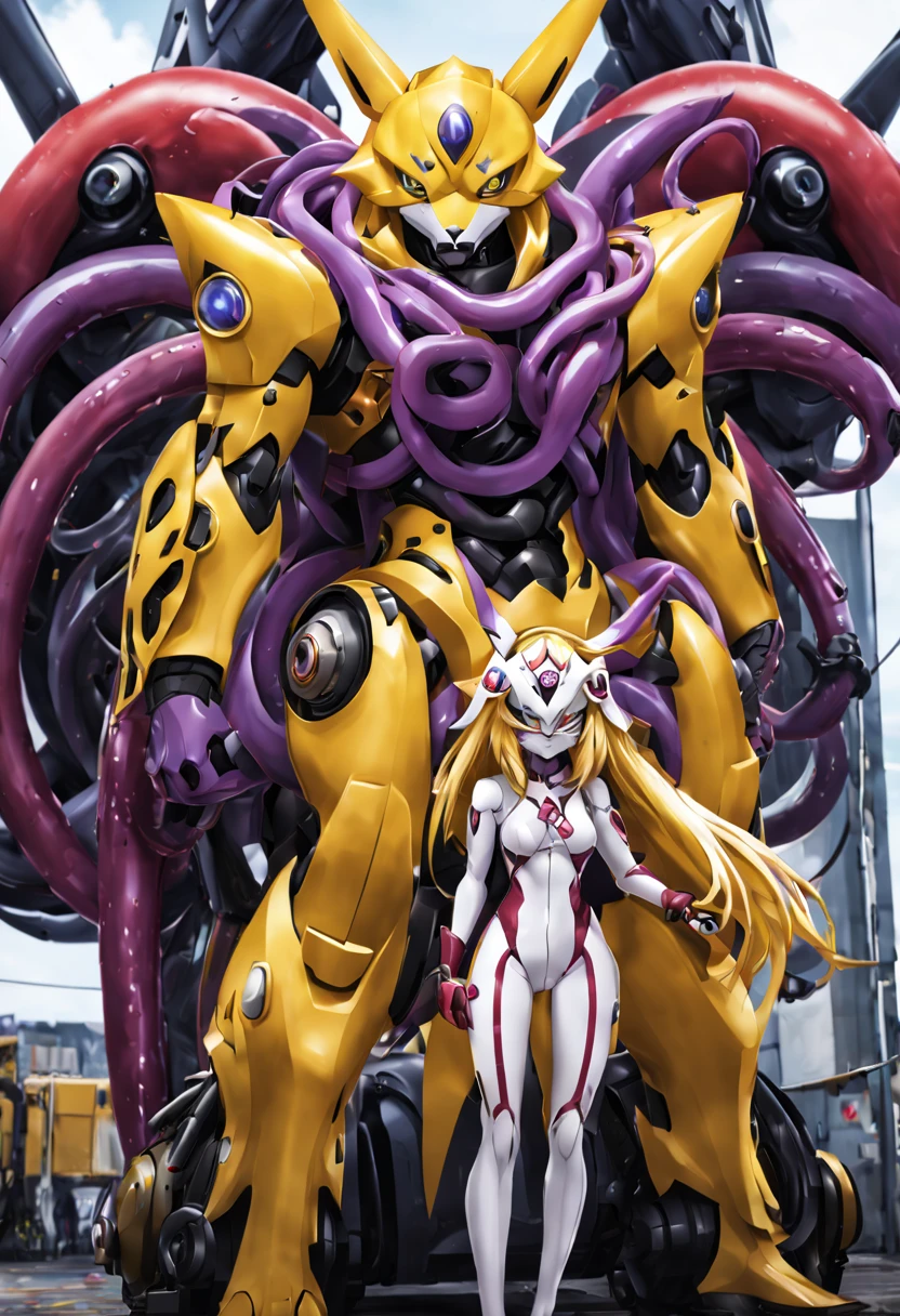 NSFW，Pilot and giant battle mecha，The pilot is inside a giant battle mech.，Pilot details(Height: 160cm，The pilot is in front of a giant battle mech.，The pilot wears a Renamon-type full body suit.，He hides his face with a Renamon-type full face.，Riding in a tentacle-shaped cockpit，Pussy is connected to tentacles，Renamon type full body suit is sticky and glossy with mucus.，evil depravity，symbiote)，Details of the giant battle mecha(Looks like a fusion of Renamon and Evangelion，symbiote，evil depravity，About 10 meters tall，standing behind the pilot)