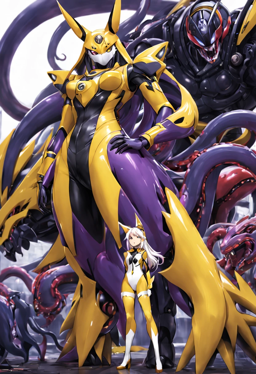 NSFW，Pilot and giant battle mecha，The pilot is inside a giant battle mech.，Pilot details(Height: 160cm，The pilot is in front of a giant battle mech.，The pilot wears a Renamon-type full body suit.，He hides his face with a Renamon-type full face.，Riding in a tentacle-shaped cockpit，Pussy is connected to tentacles，Renamon type full body suit is sticky and glossy with mucus.，evil depravity，symbiote)，Details of the giant battle mecha(Looks like a fusion of Renamon and Evangelion，symbiote，evil depravity，About 10 meters tall，standing behind the pilot)