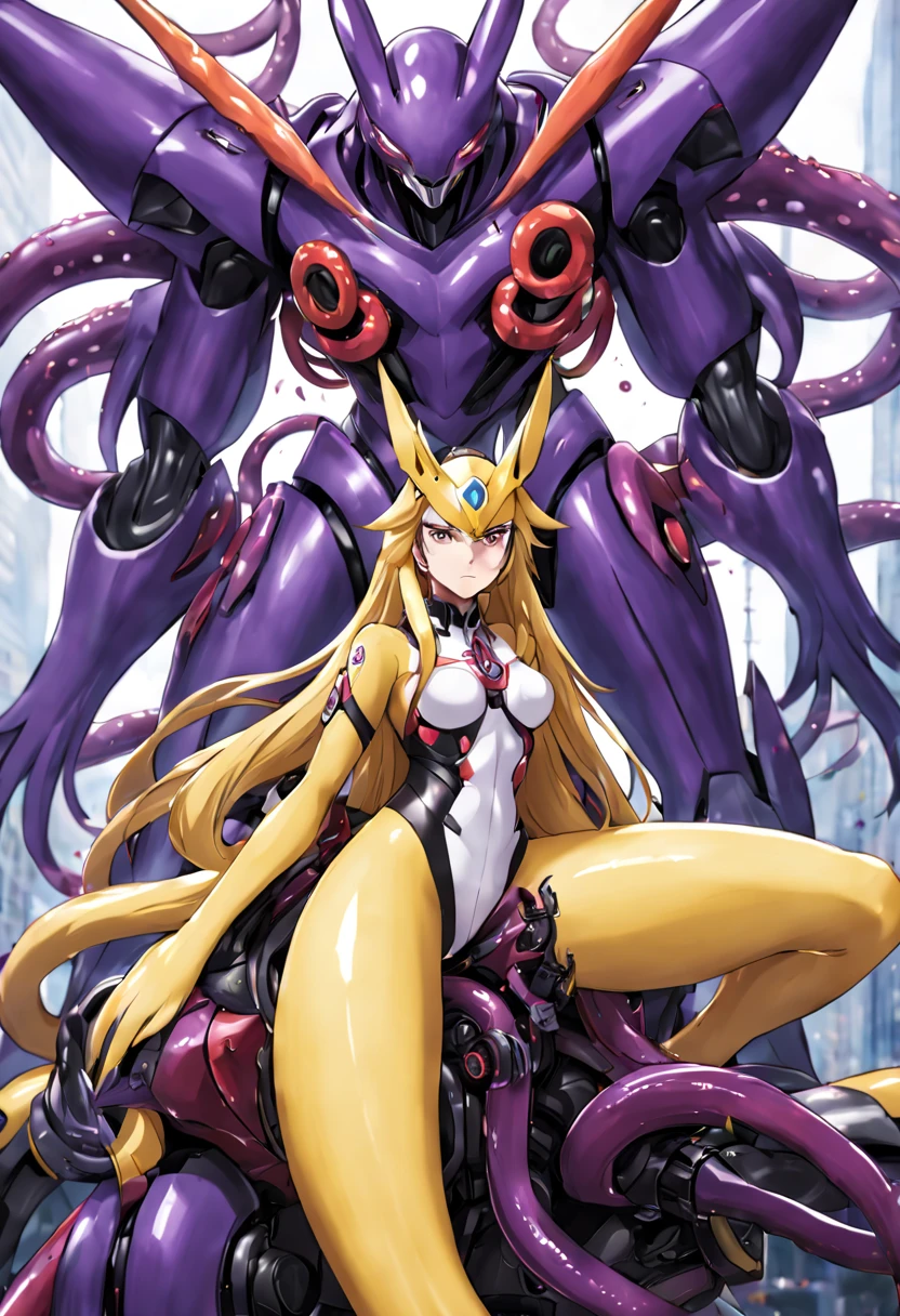 NSFW，Pilot and giant battle mecha，The pilot is inside a giant battle mech.，Pilot details(Height: 160cm，The pilot is in front of a giant battle mech.，The pilot wears a Renamon-type full body suit.，He hides his face with a Renamon-type full face.，Riding in a tentacle-shaped cockpit，Pussy is connected to tentacles，Renamon type full body suit is sticky and glossy with mucus.，evil depravity，symbiote)，Details of the giant battle mecha(Looks like a fusion of Renamon and Evangelion，symbiote，evil depravity，About 10 meters tall，standing behind the pilot)