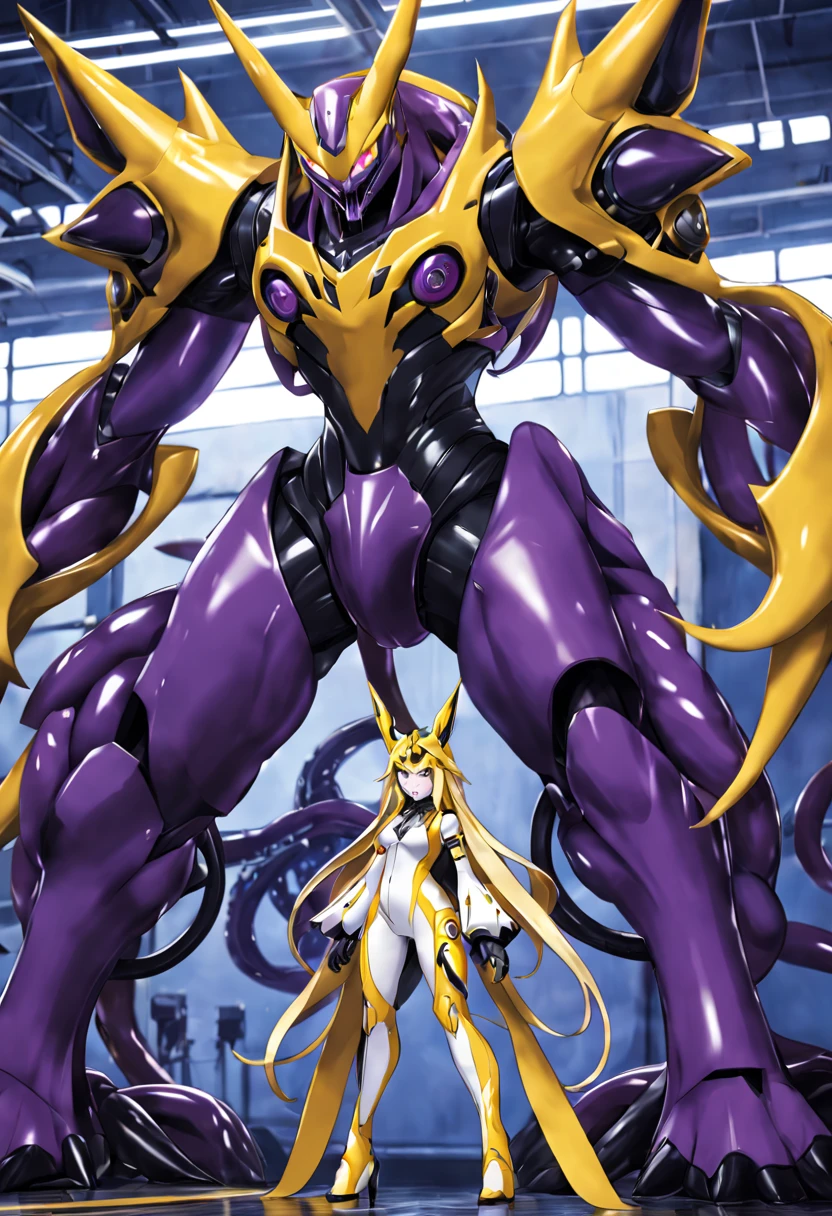 NSFW,Pilot and giant battle mecha,The pilot is inside a giant battle mech.,Pilot details(Height: 160cm,The pilot is in front of a giant battle mech.,The pilot wears a Renamon-type full body suit.,He hides his face with a Renamon-type full face.,Riding in a tentacle-shaped cockpit,Pussy is connected to tentacles,Renamon type full body suit is sticky and glossy with mucus.,evil depravity,symbiote),Details of the giant battle mecha(Looks like a fusion of Renamon and Evangelion,symbiote,evil depravity,About 10 meters tall,standing behind the pilot)