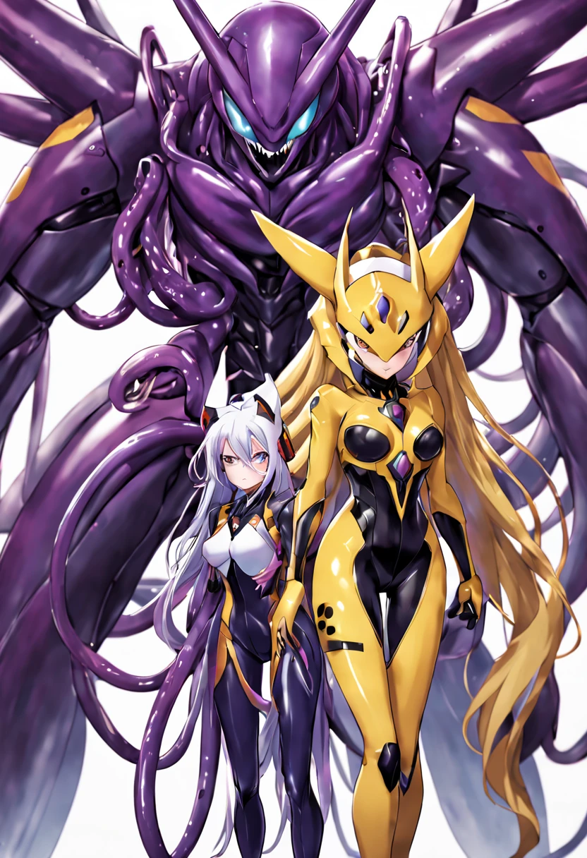 NSFW，Pilot and giant battle mecha，The pilot is inside a giant battle mech.，Pilot details(Height: 160cm，The pilot is in front of a giant battle mech.，The pilot wears a Renamon-type full body suit.，He hides his face with a Renamon-type full face.，Riding in a tentacle-shaped cockpit，Pussy is connected to tentacles，Renamon type full body suit is sticky and glossy with mucus.，evil depravity，symbiote)，Details of the giant battle mecha(Looks like a fusion of Renamon and Evangelion，symbiote，evil depravity，About 10 meters tall，standing behind the pilot)