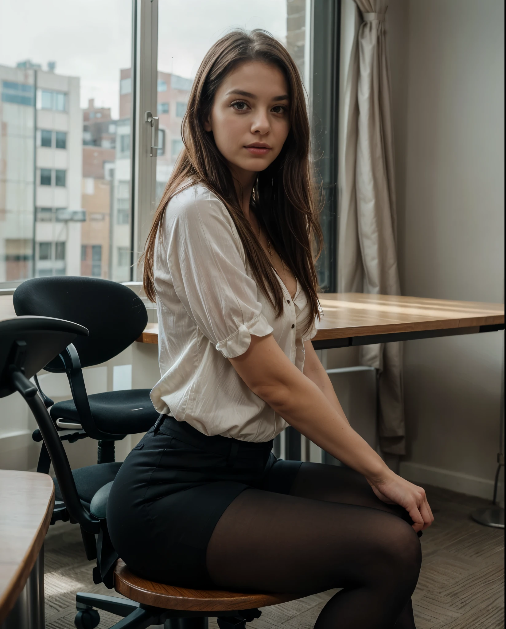 a photo of a beautiful woman, 30 years old, long beautiful hairs, dark brown hair, dark brown eyes, sitting at a table in a conference room, leaning back on her chair, full body, wearing white blouse with rolled up sleeves, wearing tight chino pants, the table is in the foreground, her legs are visible, the view is from 45 degrees from the side from the front, looking in the camera, red lipstic, natural light coomming from a window, there is a wann behind her,  backgorund blurred, cinematic lighting, motion blur, film grain, very detailed, 30 years, dark brown eyes, high-res, masterpiece, best quality, intricate details, highly detailed, sharp focus, detailed skin, realistic skin texture, texture, detailed eyes, professional, 4k, 85mm, shallow depth of field, perfect fit body, extremely detailed, photo_\(ultra\), photorealistic, realistic, post-processing, maximum detail, roughness, real life, ultra realistic, photorealism, photography, 8k uhd, photography (grain of film) medium shot for closeup shot, longer slimer face, perfect face, HANDS ARE HIDDEN, natural legs, wearing tights, natural arms, middle size breast under the clothes, normal chairs, normal furniture, longer slimer face, perfect face, long oval lovely face, dark brown eyes,  deep charming look, deep brown charming eyes, flirty look