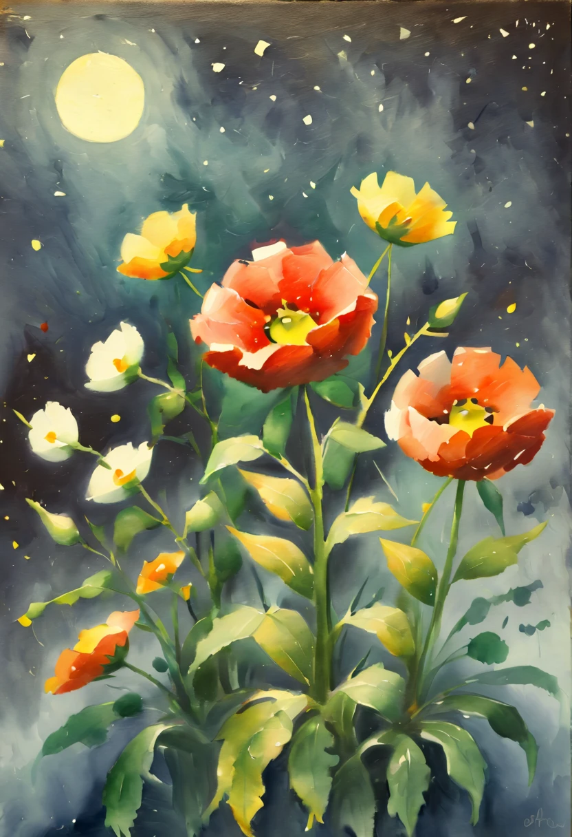 (watercolor painting:1.4), flowers, night, inspired by Miki Asai, (best quality, masterpiece, 8k8