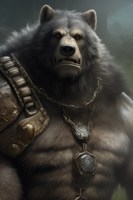 a close up of a bear with chains on his chest, muscular werewolf, fur-clad barbarian goliath, from warcraft, in style of wold of warcraft, giant bear human hybrid, 4k fantasy art, from world of warcraft, berserker potrait, as an ugly titan, epic fantasy art style, as a titan, epic fantasy art style hd, 8k fantasy art