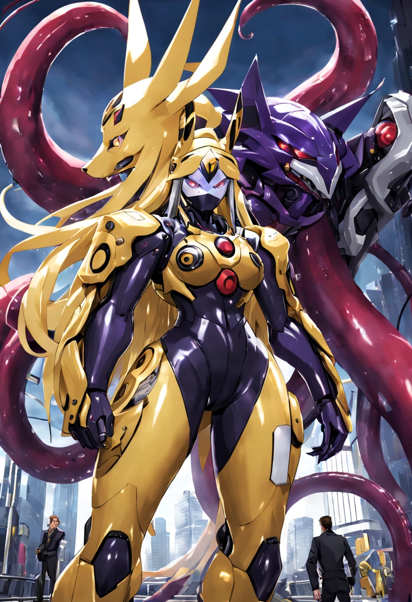 NSFW，Pilot and giant battle mecha，The pilot is inside a giant battle mech.，Pilot details(Height: 160cm，The pilot is in front of a giant battle mech.，The pilot wears a Renamon-type full body suit.，He hides his face with a Renamon-type full face.，Riding in a tentacle-shaped cockpit，Pussy is connected to tentacles，Renamon type full body suit is sticky and glossy with mucus.，evil depravity，symbiote)，Details of the giant battle mecha(Looks like a fusion of Renamon and Evangelion，symbiote，evil depravity，About 10 meters tall，standing behind the pilot)