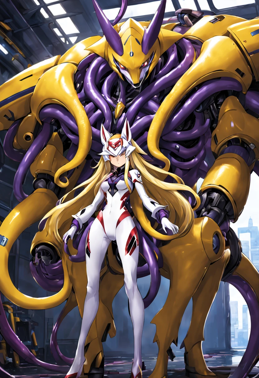 NSFW，Pilot and giant battle mecha，The pilot is inside a giant battle mech.，Pilot details(Height: 160cm，The pilot is in front of a giant battle mech.，The pilot wears a Renamon-type full body suit.，He hides his face with a Renamon-type full face.，Riding in a tentacle-shaped cockpit，Pussy is connected to tentacles，Renamon type full body suit is sticky and glossy with mucus.，evil depravity，symbiote)，Details of the giant battle mecha(Looks like a fusion of Renamon and Evangelion，symbiote，evil depravity，About 10 meters tall，standing behind the pilot)