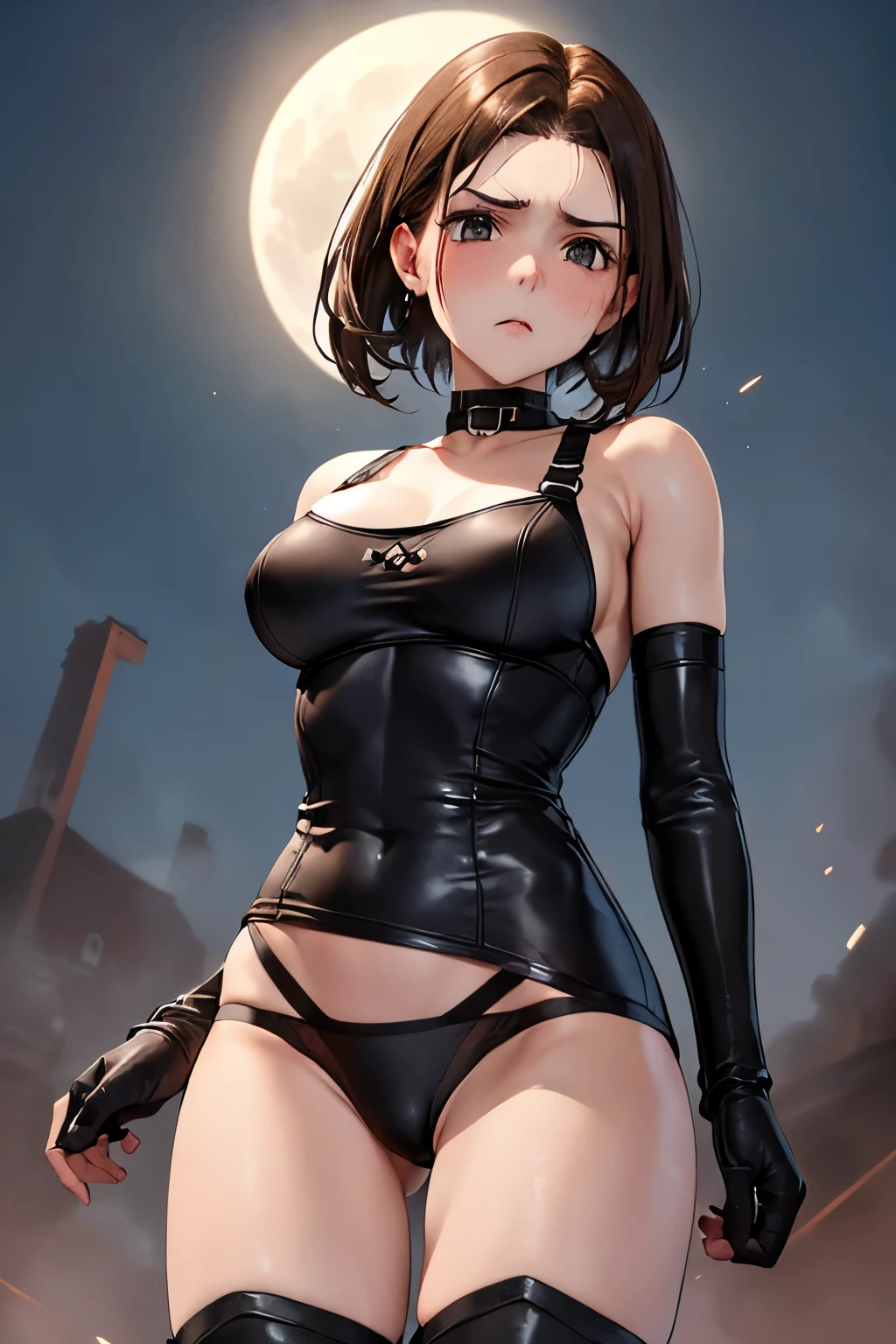 muste piece, best quality, 1 girl,brown hair, (black eye:1.2),((((black underwear))))、((first round))、((embarrassed expression))、((full moon))、((Photo from below))、(((thigh high boots)))、((short hair))、((Black Long Gloves))、((black panties))、((C cup breasts))、((Jill Valentine))