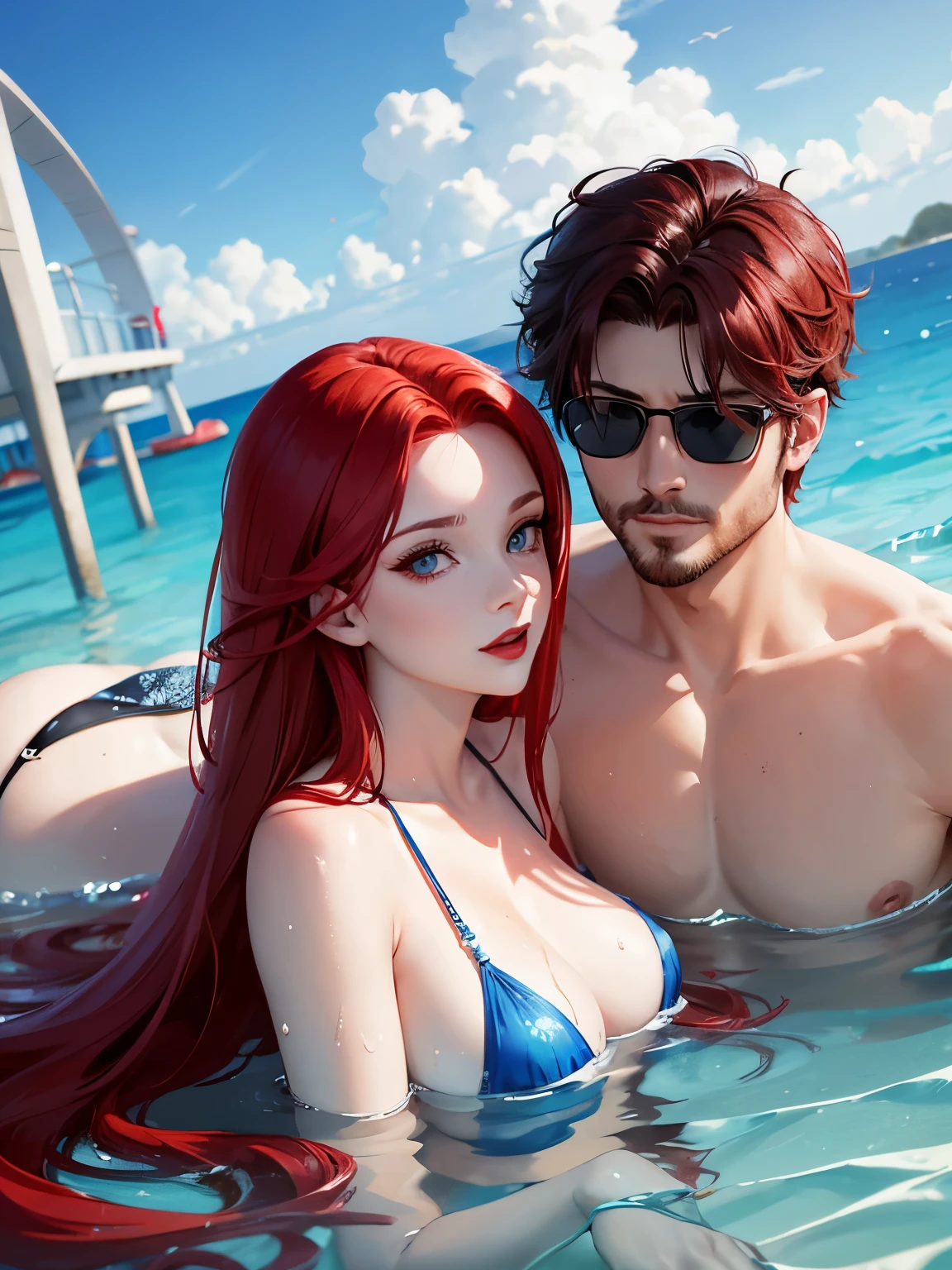 A woman with long red hair, blue eyes, and red lipstick poses in the water with a man with short red hair and blue eyes, a shaved beard, and sunglasses in the background of a water park. During the day, his face was so perfect. The details are clear. Up to 8K resolution, perfect details, perfect face.