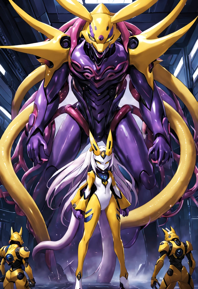 NSFW，Pilot and giant battle mecha，The pilot is inside a giant battle mech.，Pilot details(Height: 160cm，The pilot is in front of a giant battle mech.，The pilot wears a Renamon-type full body suit.，He hides his face with a Renamon-type full face.，Riding in a tentacle-shaped cockpit，Pussy is connected to tentacles，Renamon type full body suit is sticky and glossy with mucus.，evil depravity，symbiote)，Details of the giant battle mecha(Looks like a fusion of Renamon and Evangelion，symbiote，evil depravity，About 10 meters tall，standing behind the pilot)