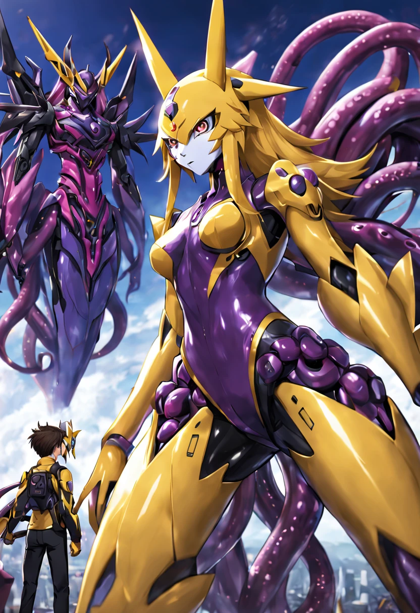 NSFW，Pilot and giant battle mecha，The pilot is inside a giant battle mech.，Pilot details(Height: 160cm，The pilot is in front of a giant battle mech.，The pilot wears a Renamon-type full body suit.，He hides his face with a Renamon-type full face.，Riding in a tentacle-shaped cockpit，Pussy is connected to tentacles，Renamon type full body suit is sticky and glossy with mucus.，evil depravity，symbiote)，Details of the giant battle mecha(Looks like a fusion of Renamon and Evangelion，symbiote，evil depravity，About 10 meters tall，standing behind the pilot)