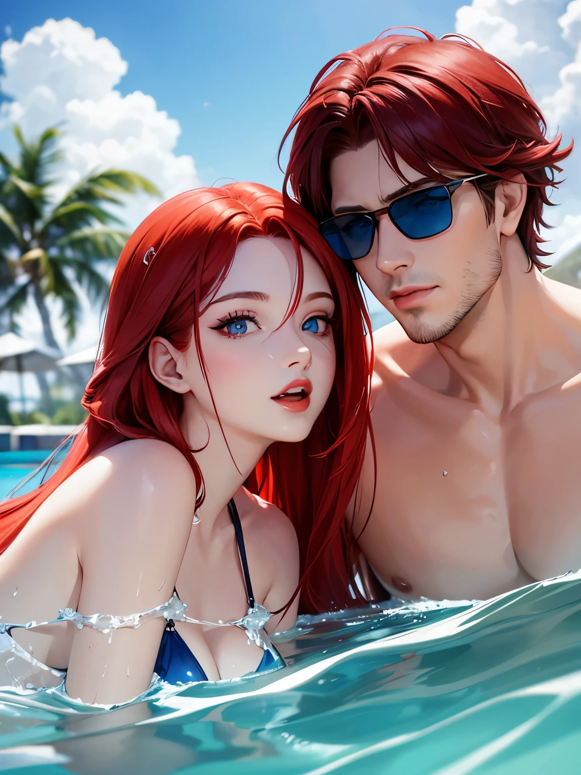 A woman with long red hair, blue eyes, and red lipstick poses in the water with a man with short red hair and blue eyes, a shaved beard, and sunglasses in the background of a water park. During the day, his face was so perfect. The details are clear. Up to 8K resolution, perfect details, perfect face.