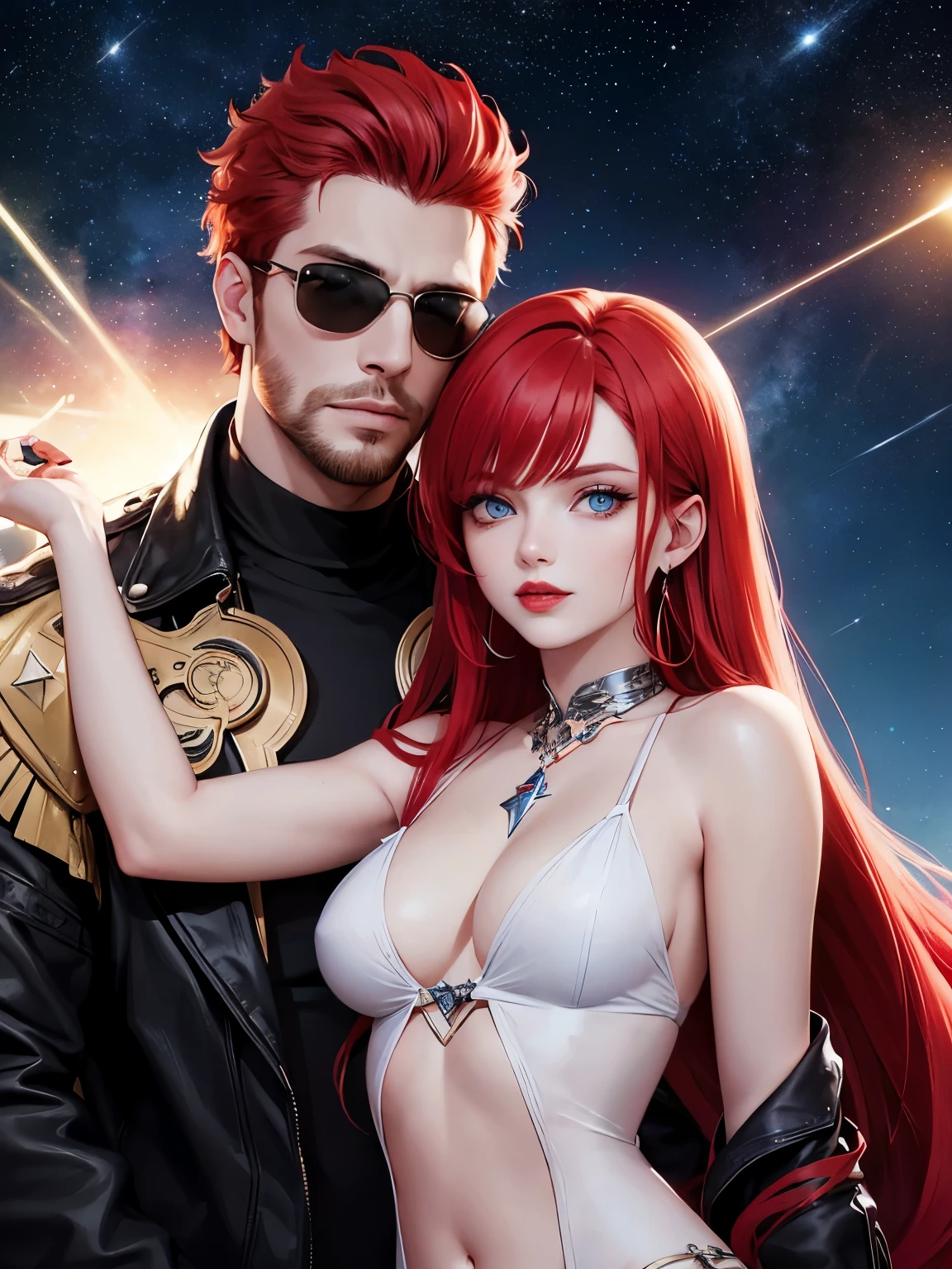 A woman with long red hair, blue eyes, red lipstick sits on top of a man with short red hair and blue eyes, a shaved beard, and wears sunglasses. Posing in the starry sky at night, his face was so perfect. The details are clear. Up to 8K resolution, perfect details, perfect face.