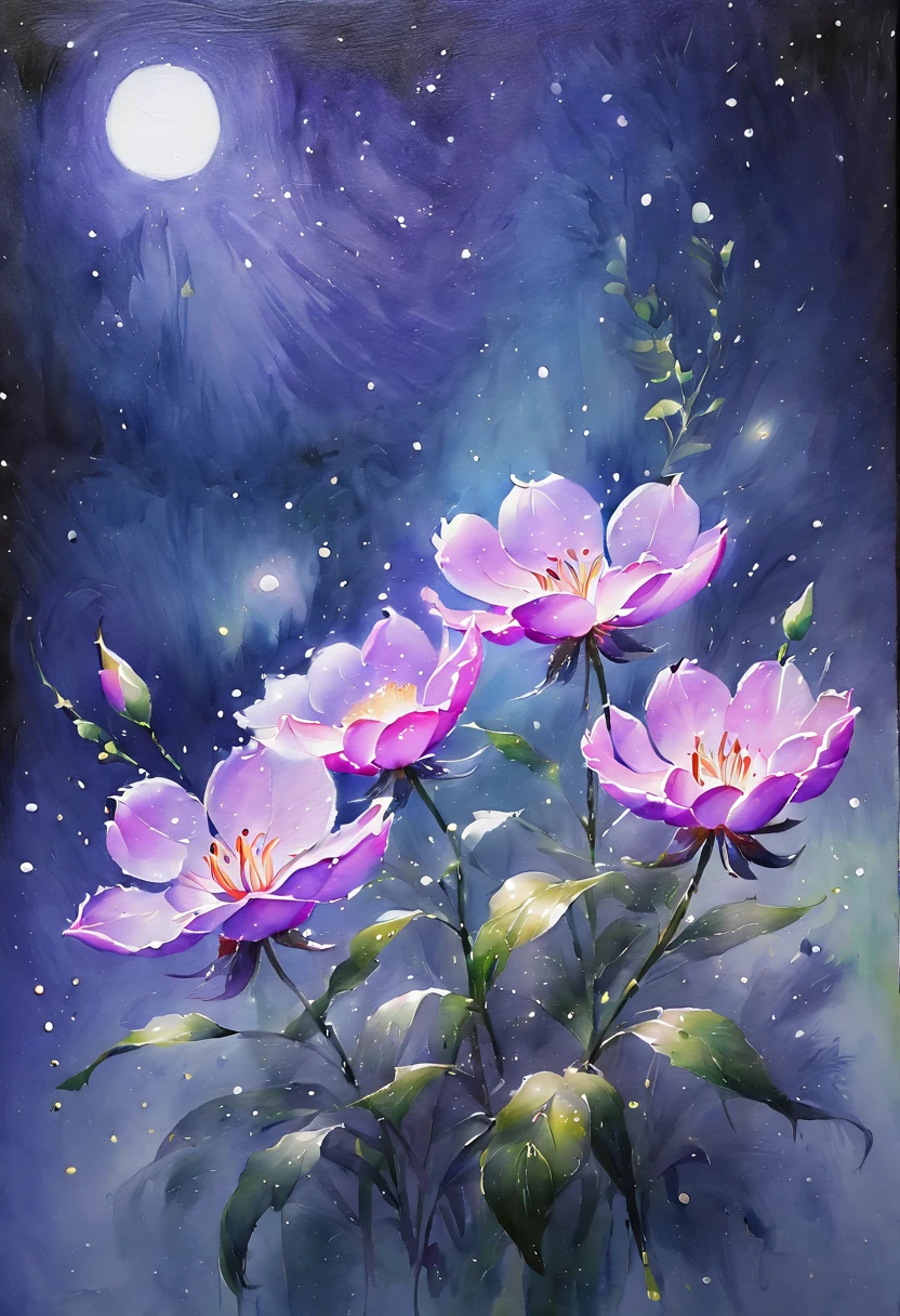 (watercolor painting:1.4), flowers, night, inspired by Miki Asai, (best quality, masterpiece, 8k8