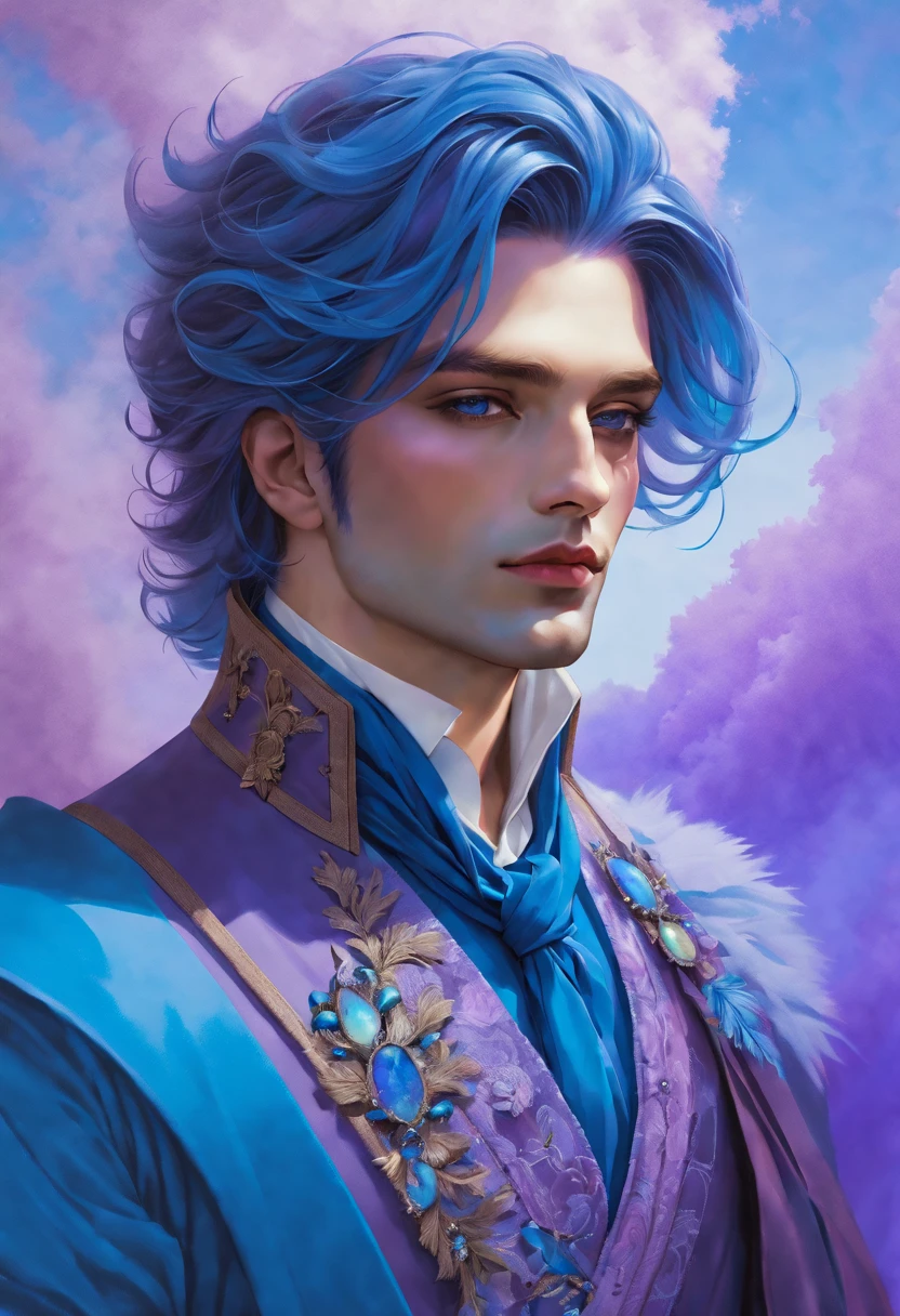 handsome, portrait, extremely detailed fantasy clothing, blue, Purple fog, opal, smoky colors, drawing