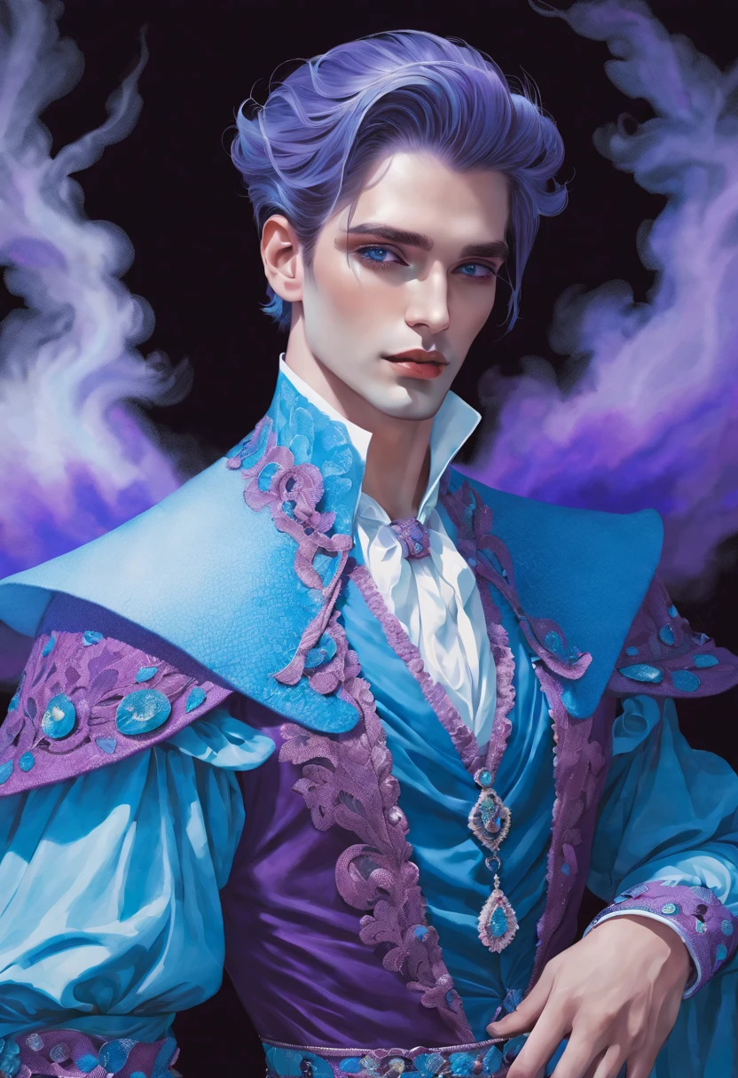 handsome, portrait, extremely detailed fantasy clothing, blue, Purple fog, opal, smoky colors, drawing