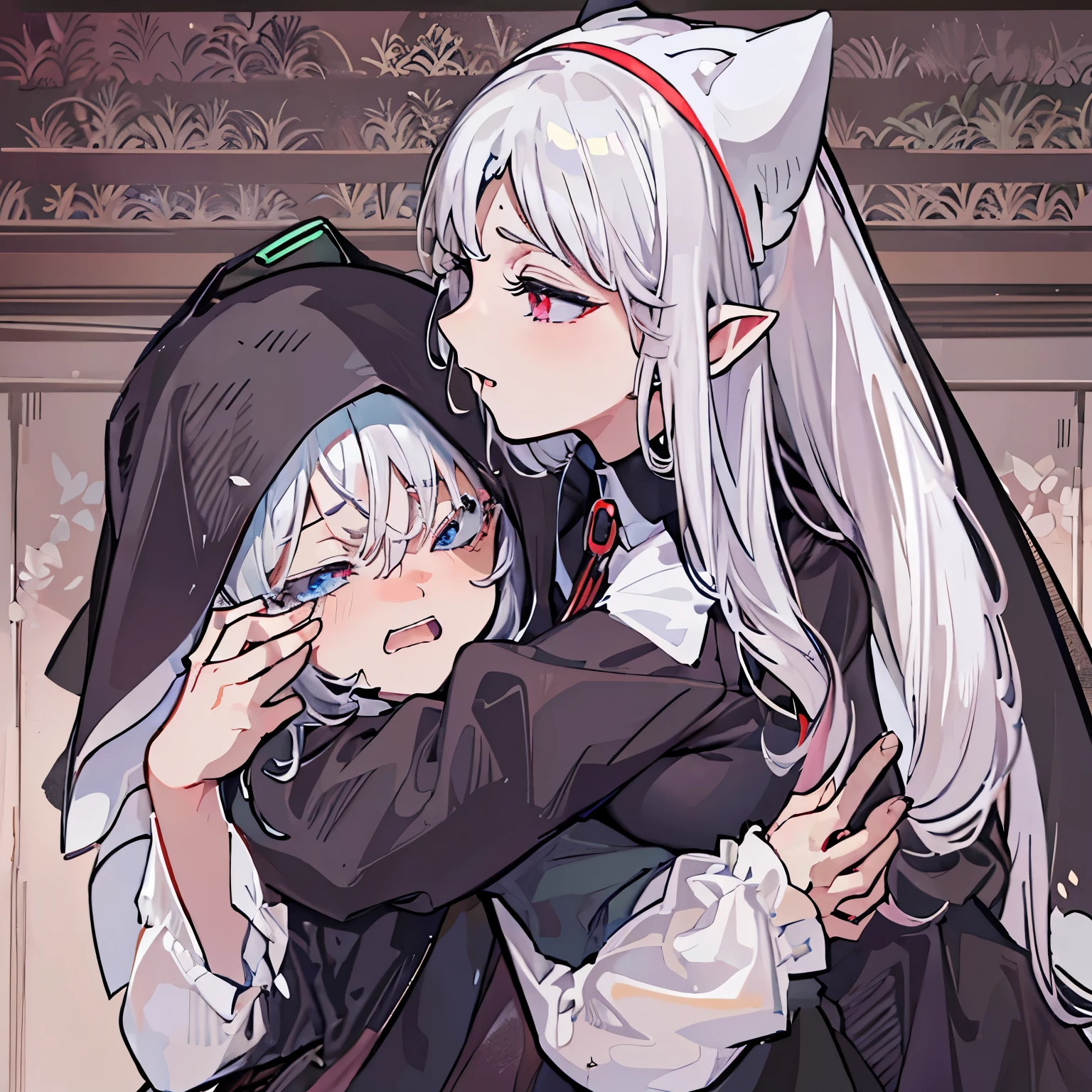 White-haired succubus nun wearing black stockings and nun dress hugs a boy。in prayer room,Big breasts, The white-haired succubus nun has a sickly blush on her face。Succubus nun sucks boy dry。