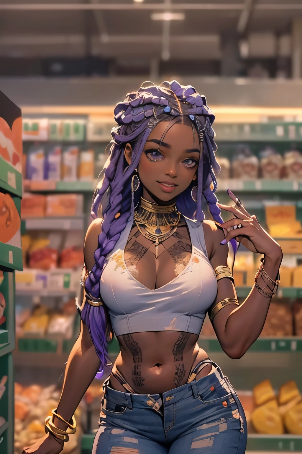 1girl, official anime art illustration, (long ((violet)) dreadlocks), violet eyes, rounded nose, (tall plump dark-skinned Haitian mature woman inside grocery store sushi aisle), small breasts, (wearing sleeveless lace and silk crop top), tatoo above navel, golden armlets and bracelets, ripped skinny jeans, plump thighs, waist beads, smile, perfectly photorealistic, incredibly detailed, 8k, UHD, masterpiece, best quality, ultra detailed, intricate,