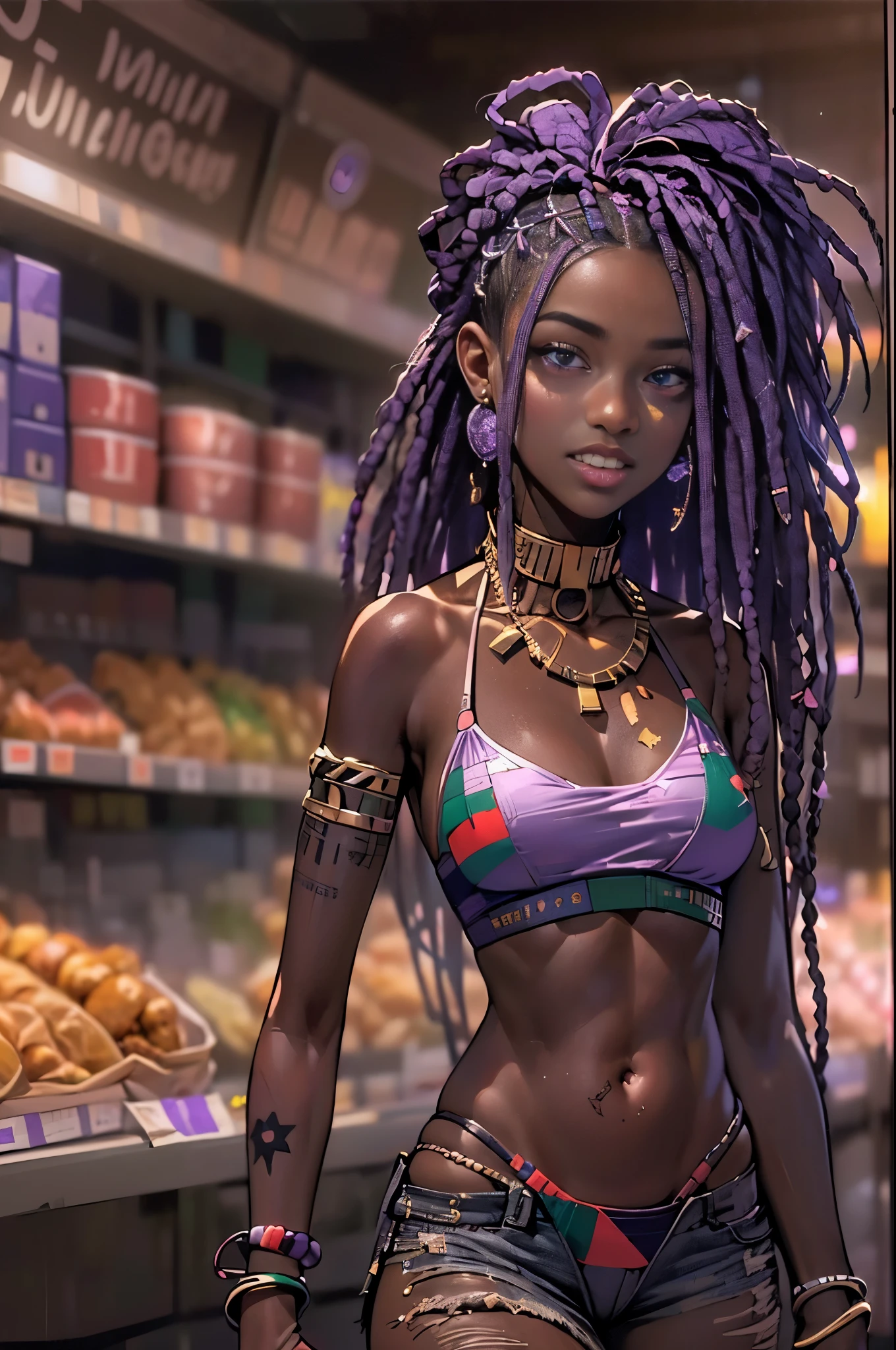 1girl, official anime art illustration, (long ((violet)) dreadlocks), violet eyes, rounded nose, (tall plump dark-skinned Haitian mature woman inside grocery store pastry aisle), small breasts, (wearing Pan-African flag bikini top), tattoo above navel, golden armlets and bracelets, dark ripped skinny jeans, plump thighs, waist beads, smile, perfectly photorealistic, incredibly detailed, 8k, UHD, masterpiece, best quality, ultra detailed, intricate,